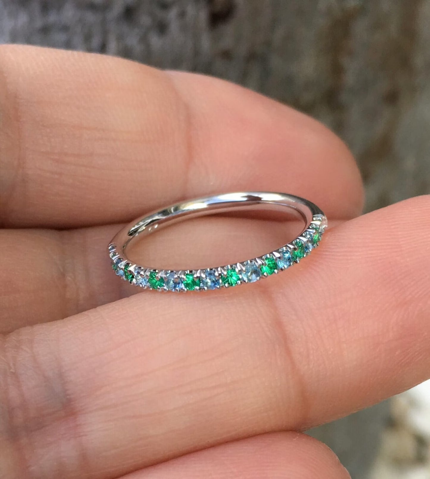 Emerald Aquamarine 2mm Band/ Alternating Aquamarine Emerald Pave Half Eternity Ring/ March & May 2 Birthstone Stacking Ring