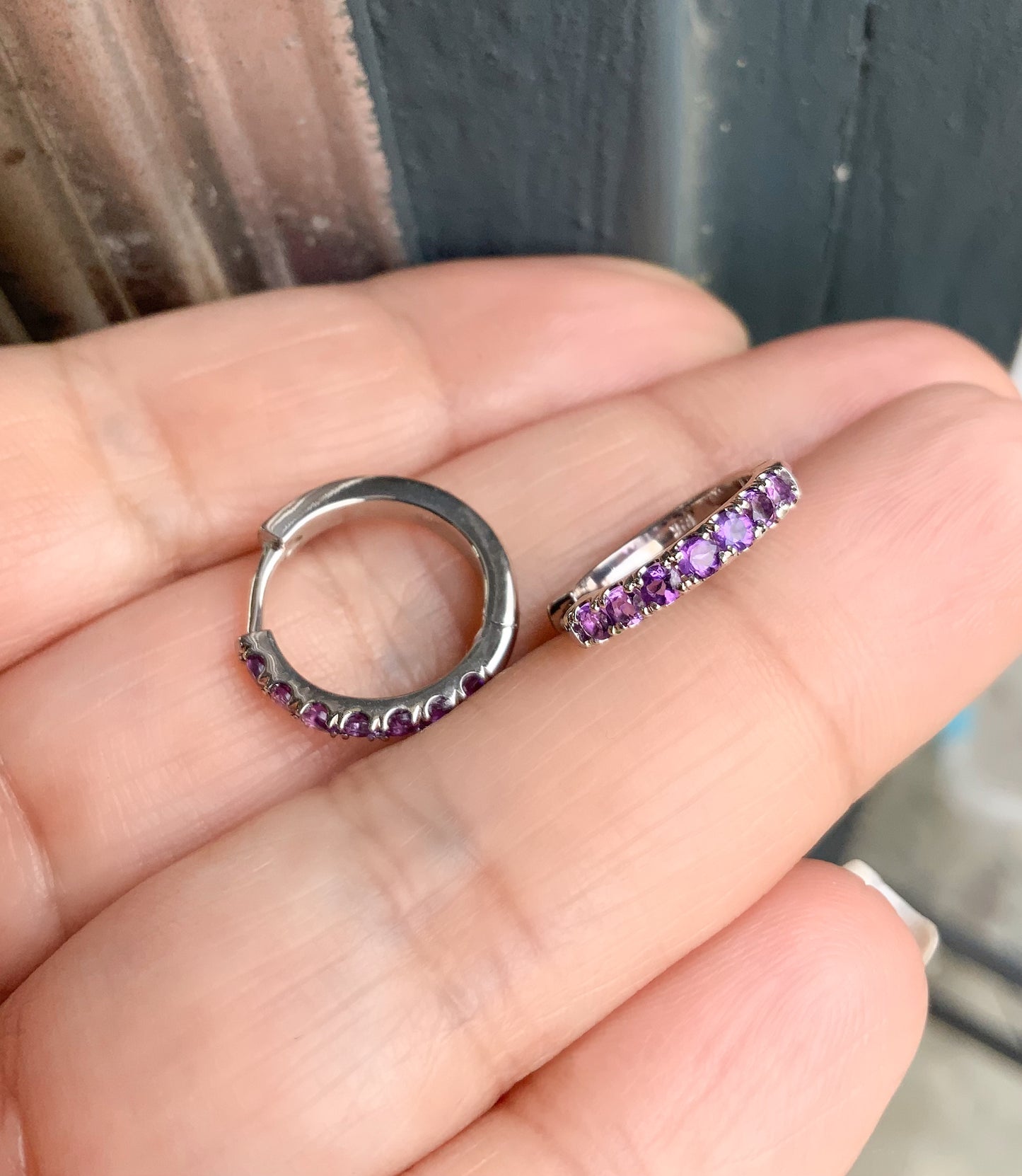 Amethyst Pave 15mm Hoop Earrings/ February Birthstone Huggies