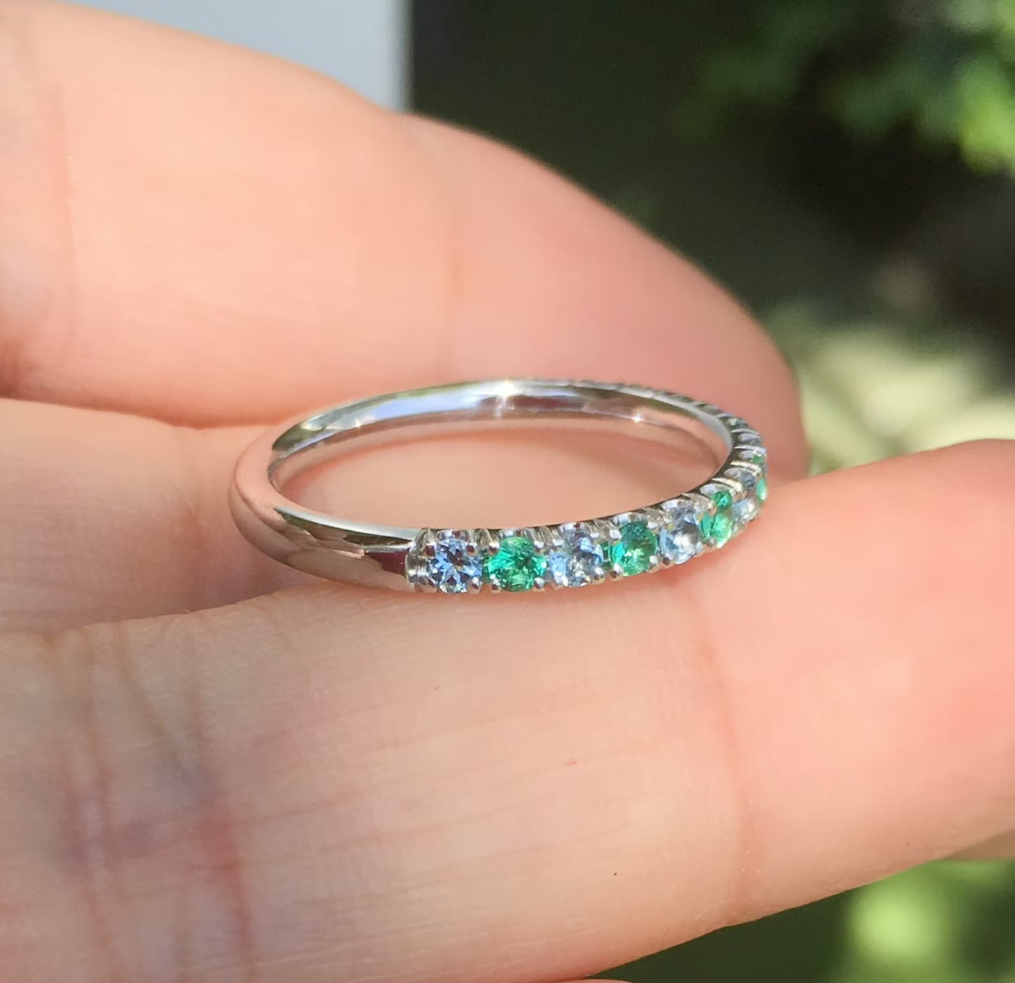 Emerald Aquamarine 2mm Band/ Alternating Aquamarine Emerald Pave Half Eternity Ring/ March & May 2 Birthstone Stacking Ring