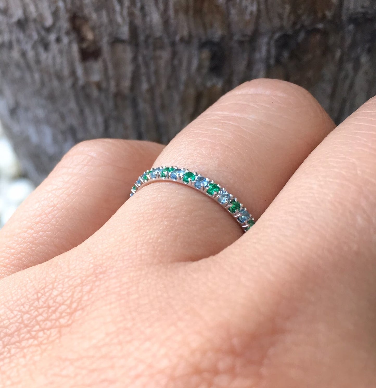 Emerald Aquamarine 2mm Band/ Alternating Aquamarine Emerald Pave Half Eternity Ring/ March & May 2 Birthstone Stacking Ring