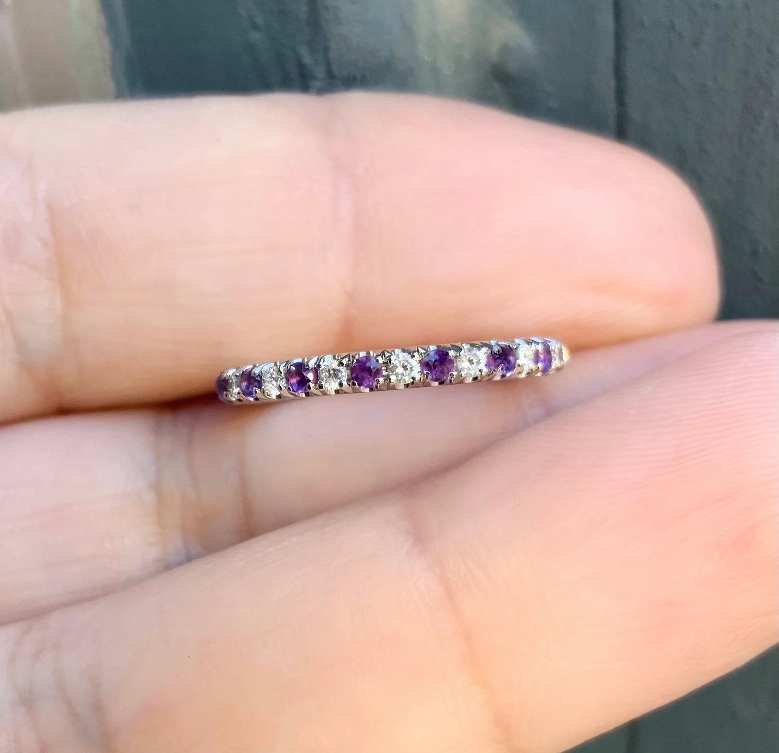 Diamond Amethyst Pave Band Alternating Amethyst Diamond 2mm Half Eternity Ring 2 Birthstone Alternating Wedding Anniversary Stacking Ring