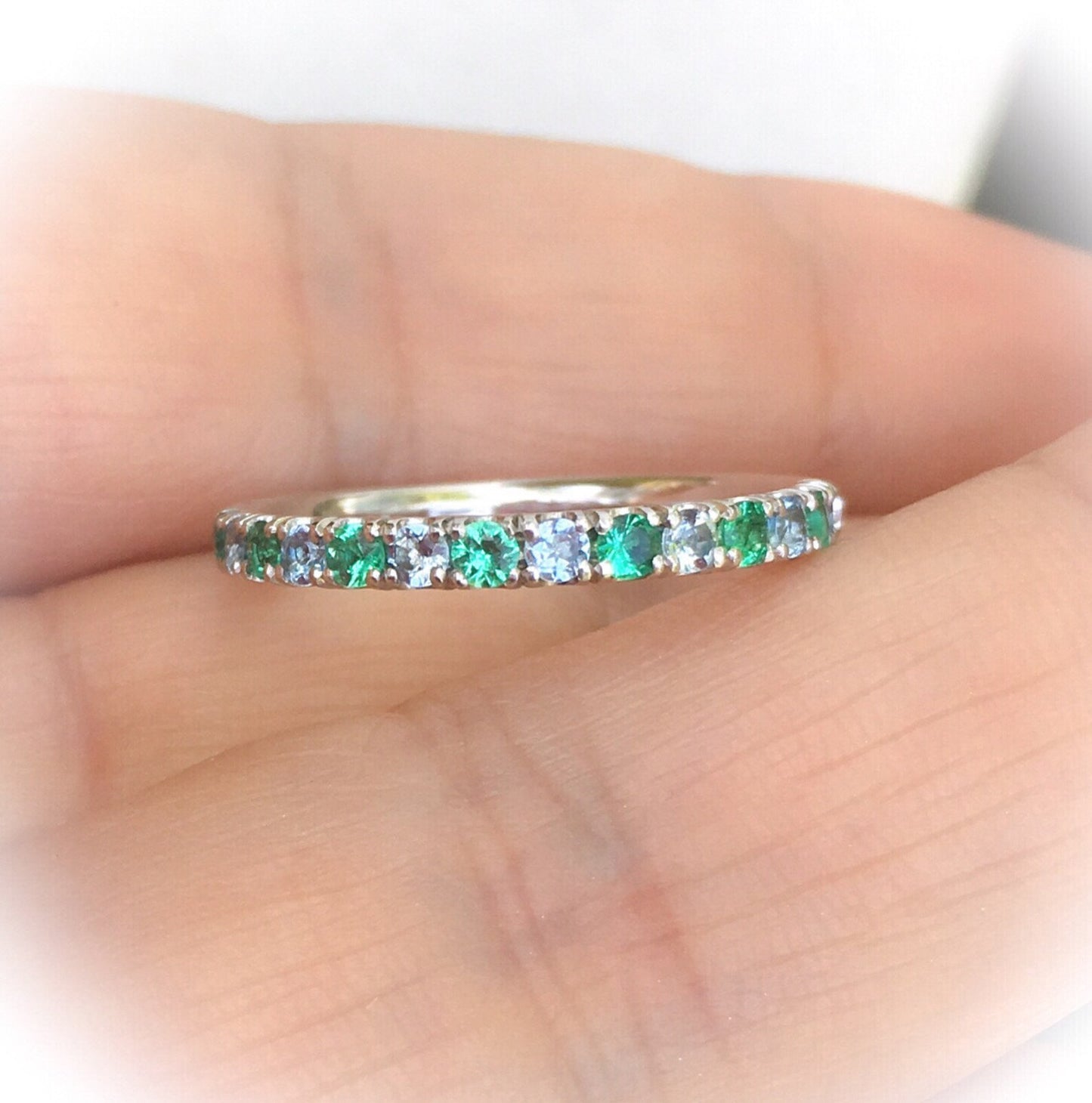 Emerald Aquamarine 2mm Band/ Alternating Aquamarine Emerald Pave Half Eternity Ring/ March & May 2 Birthstone Stacking Ring