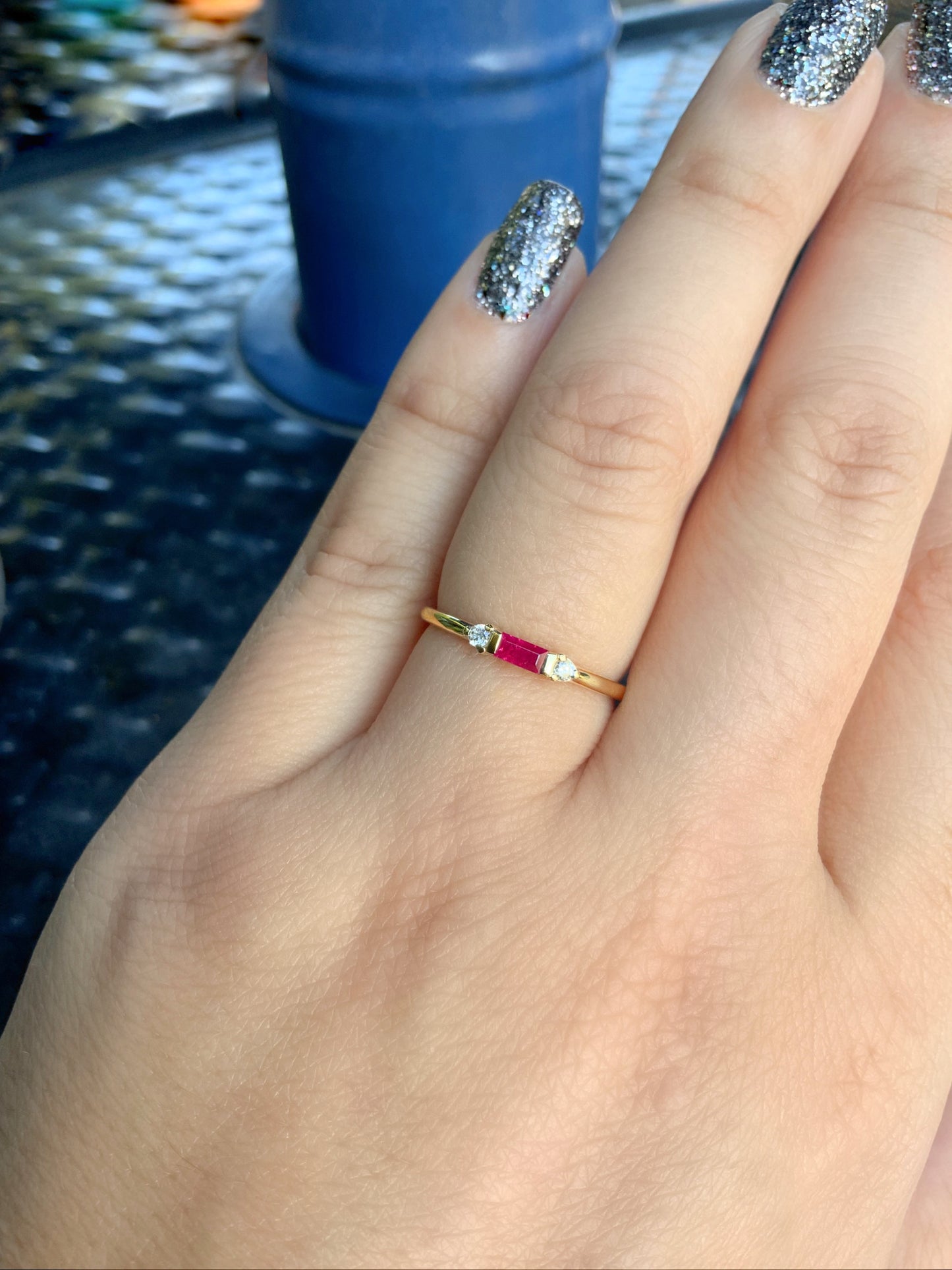Dainty Baguette Ruby 3 Stone Ring/ Horizontal Baguette Ruby with 2 Round Diamonds/ Mother's Ring/ July Birthstone Minimalist Stacking Ring/ Simple Promise Ring