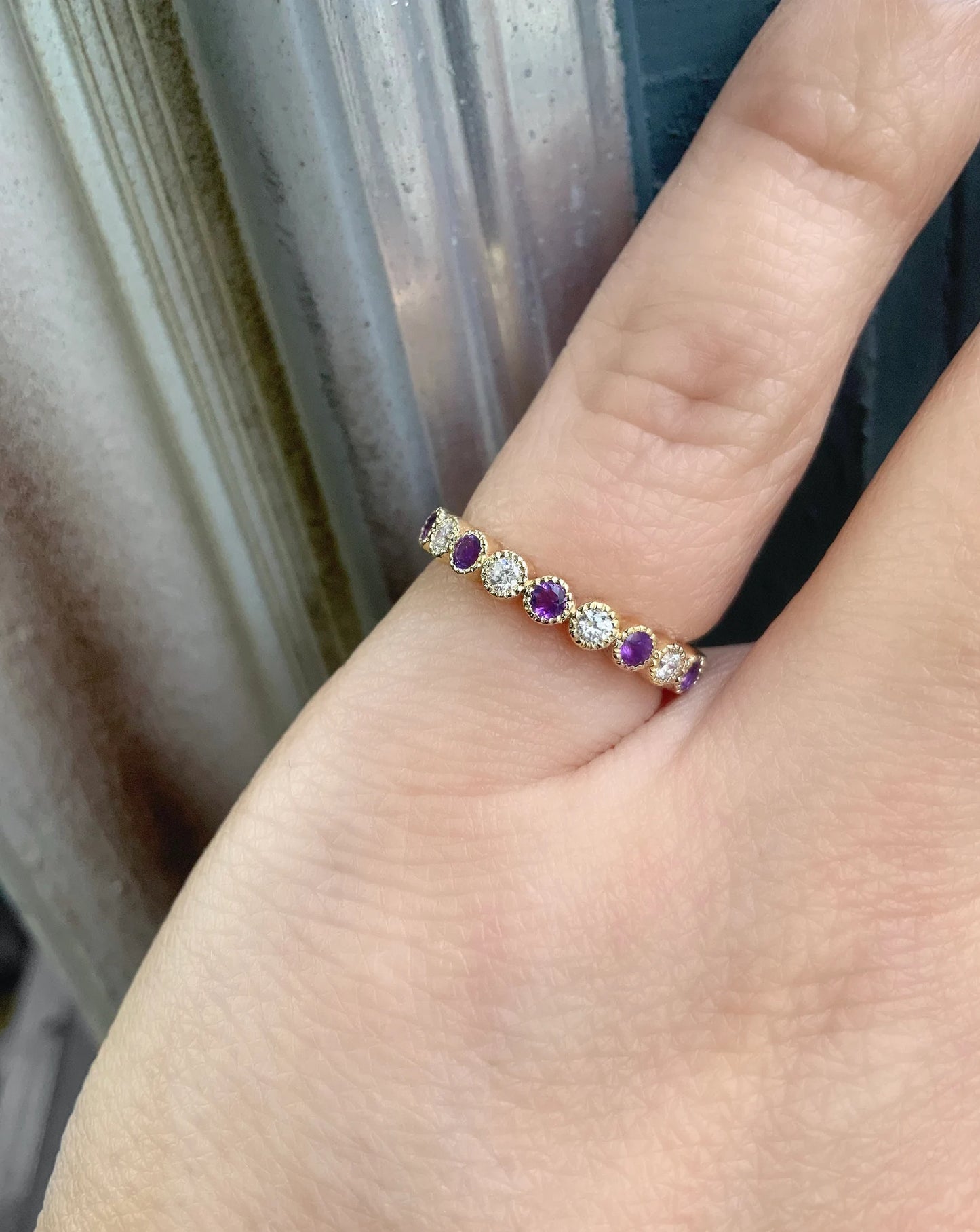 Alternating Amethyst Diamond Band/ 3mm Milgrain Bezel Set Half Eternity Wedding (Anniversary) Ring
