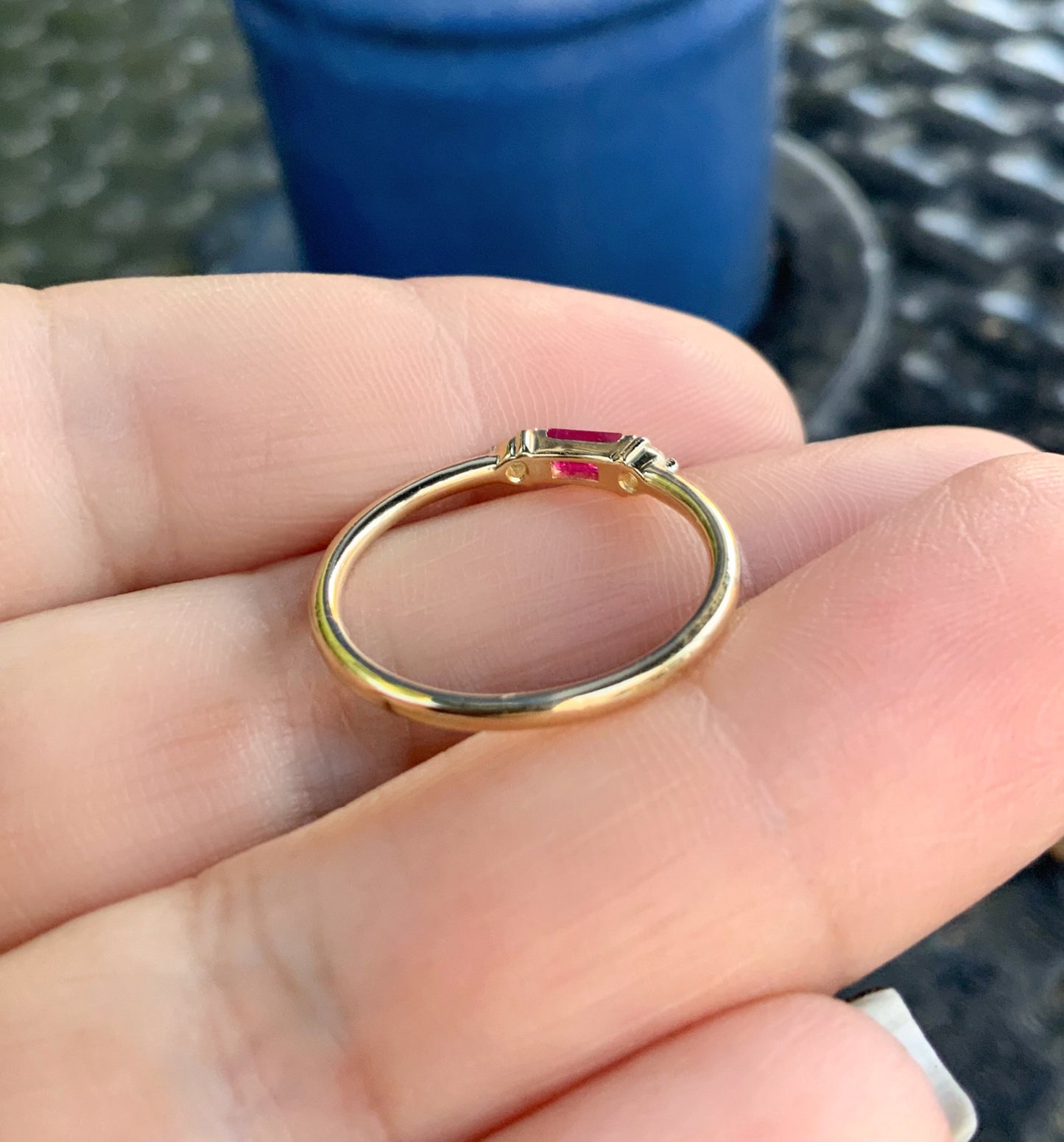 Dainty Baguette Ruby 3 Stone Ring/ Horizontal Baguette Ruby with 2 Round Diamonds/ Mother's Ring/ July Birthstone Minimalist Stacking Ring/ Simple Promise Ring