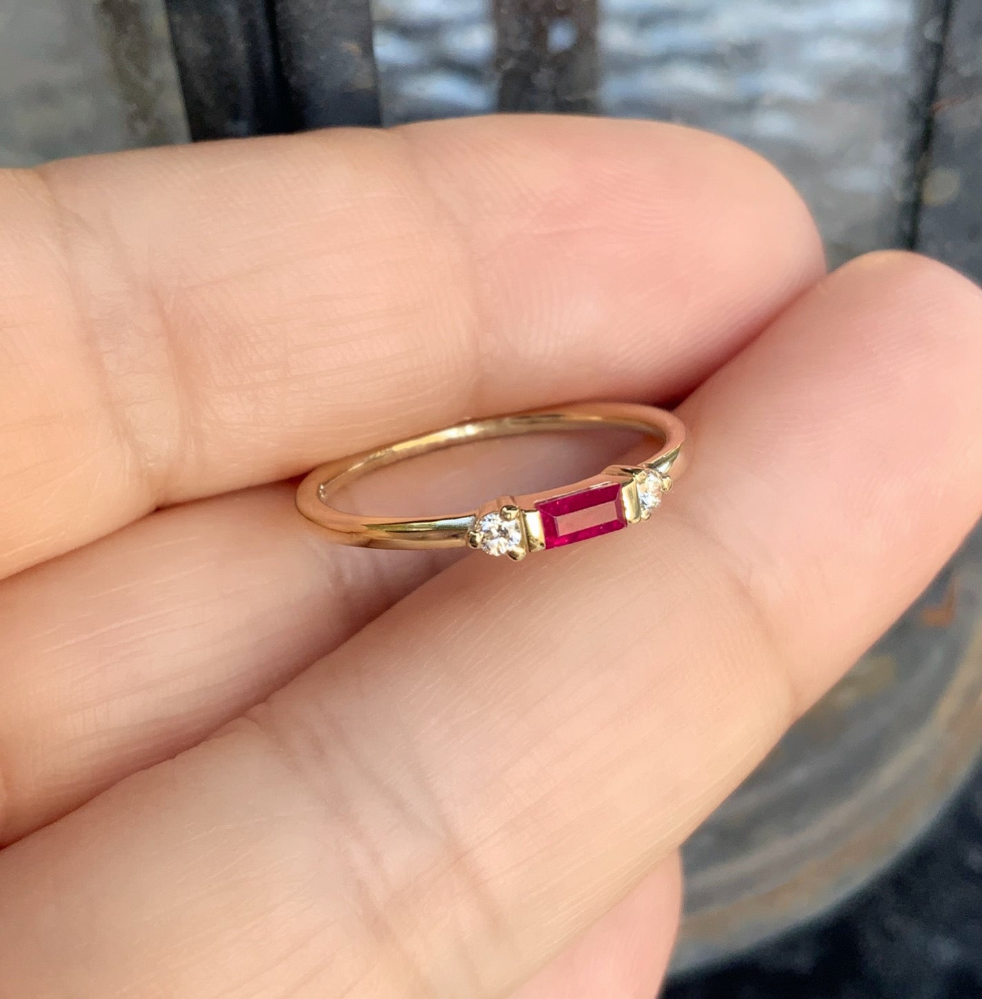 Dainty Baguette Ruby 3 Stone Ring/ Horizontal Baguette Ruby with 2 Round Diamonds/ Mother's Ring/ July Birthstone Minimalist Stacking Ring/ Simple Promise Ring