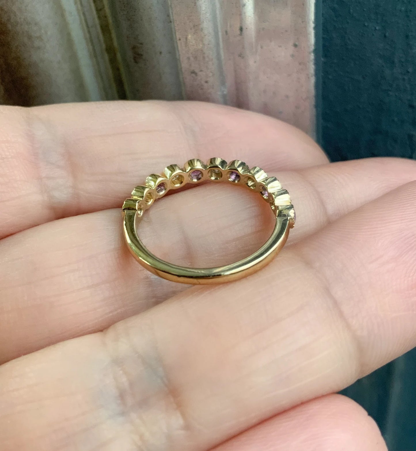 Alternating Amethyst Diamond Band/ 3mm Milgrain Bezel Set Half Eternity Wedding (Anniversary) Ring