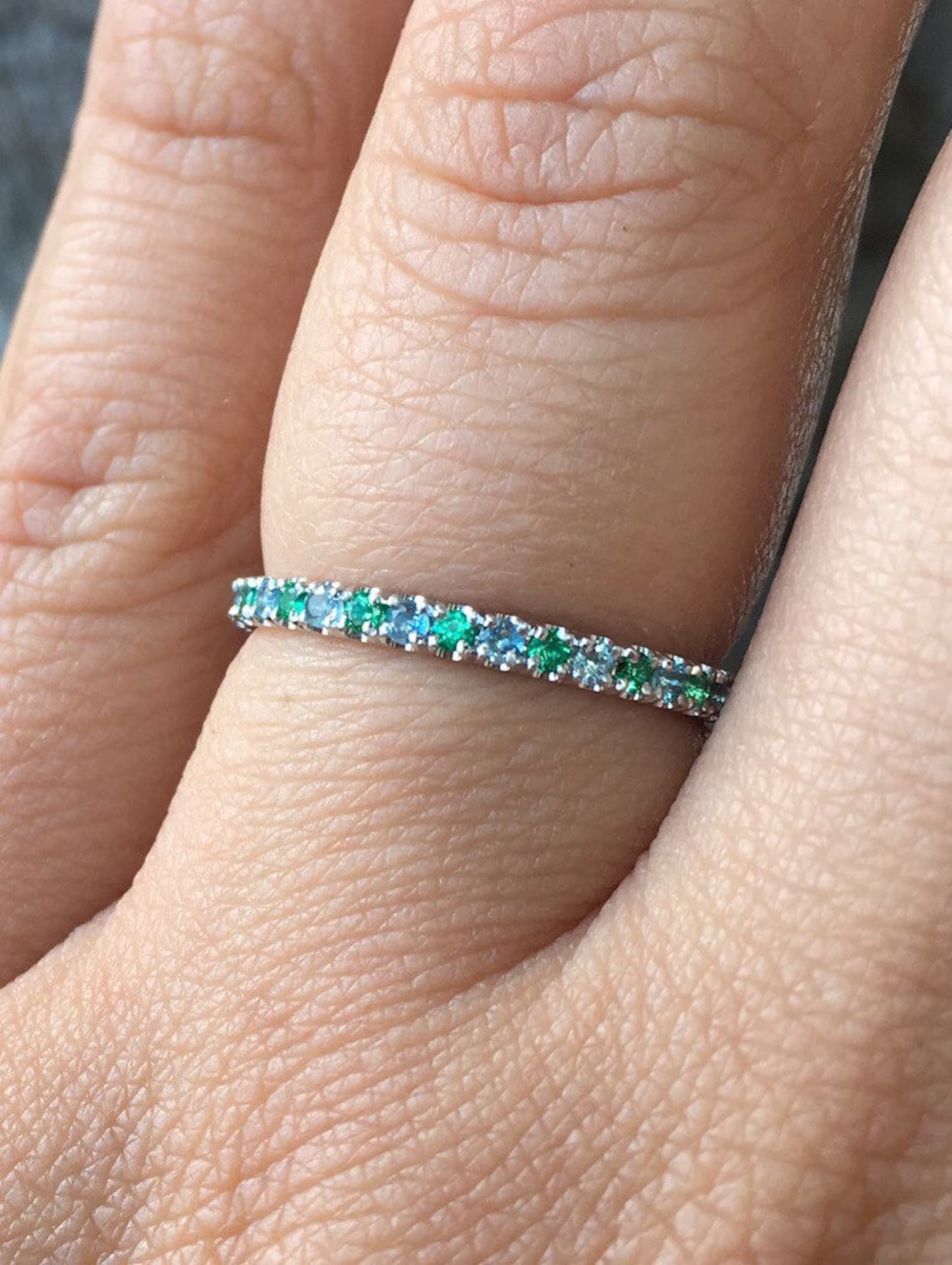Emerald Aquamarine 2mm Band/ Alternating Aquamarine Emerald Pave Half Eternity Ring/ March & May 2 Birthstone Stacking Ring