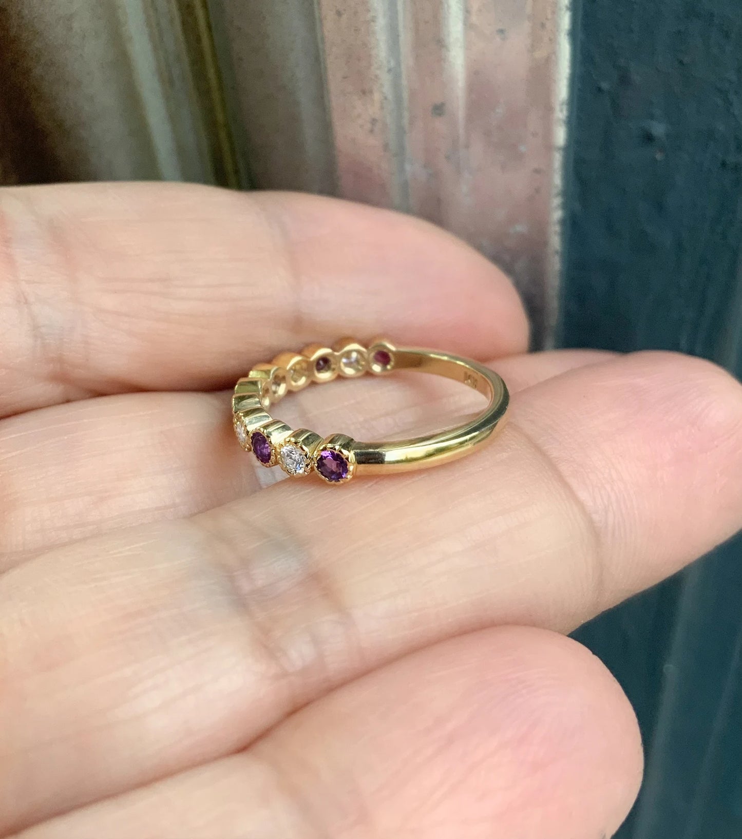 Alternating Amethyst Diamond Band/ 3mm Milgrain Bezel Set Half Eternity Wedding (Anniversary) Ring