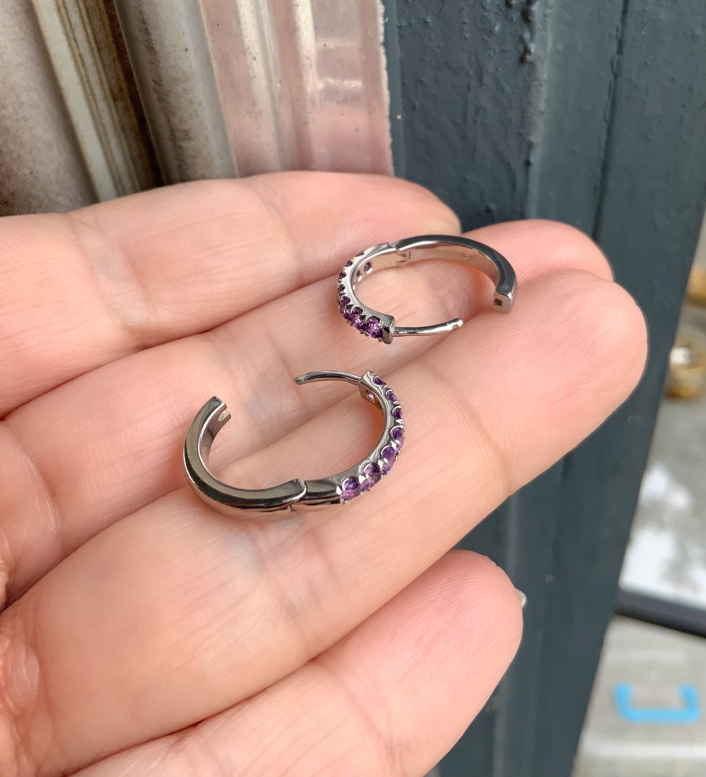 Amethyst Pave 15mm Hoop Earrings/ February Birthstone Huggies