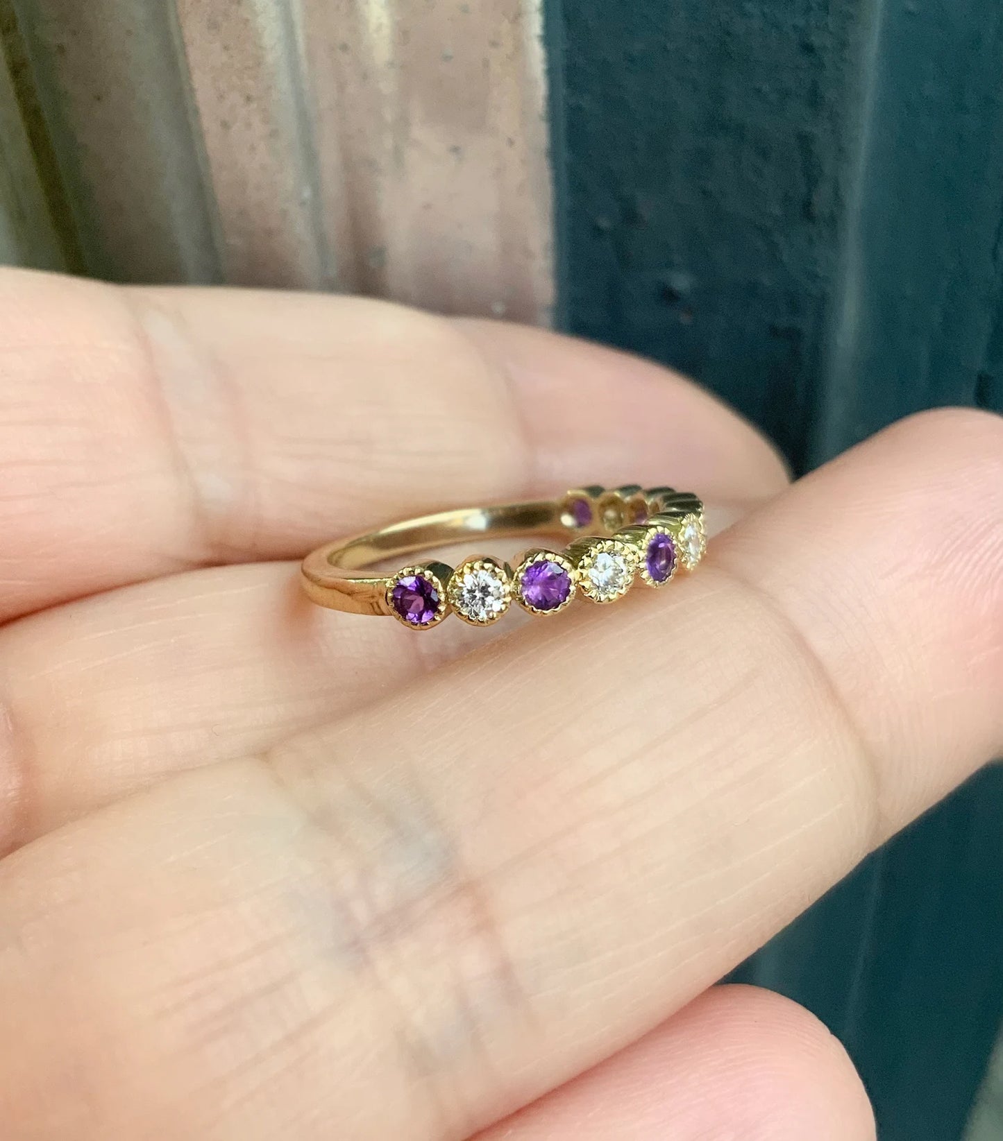 Alternating Amethyst Diamond Band/ 3mm Milgrain Bezel Set Half Eternity Wedding (Anniversary) Ring