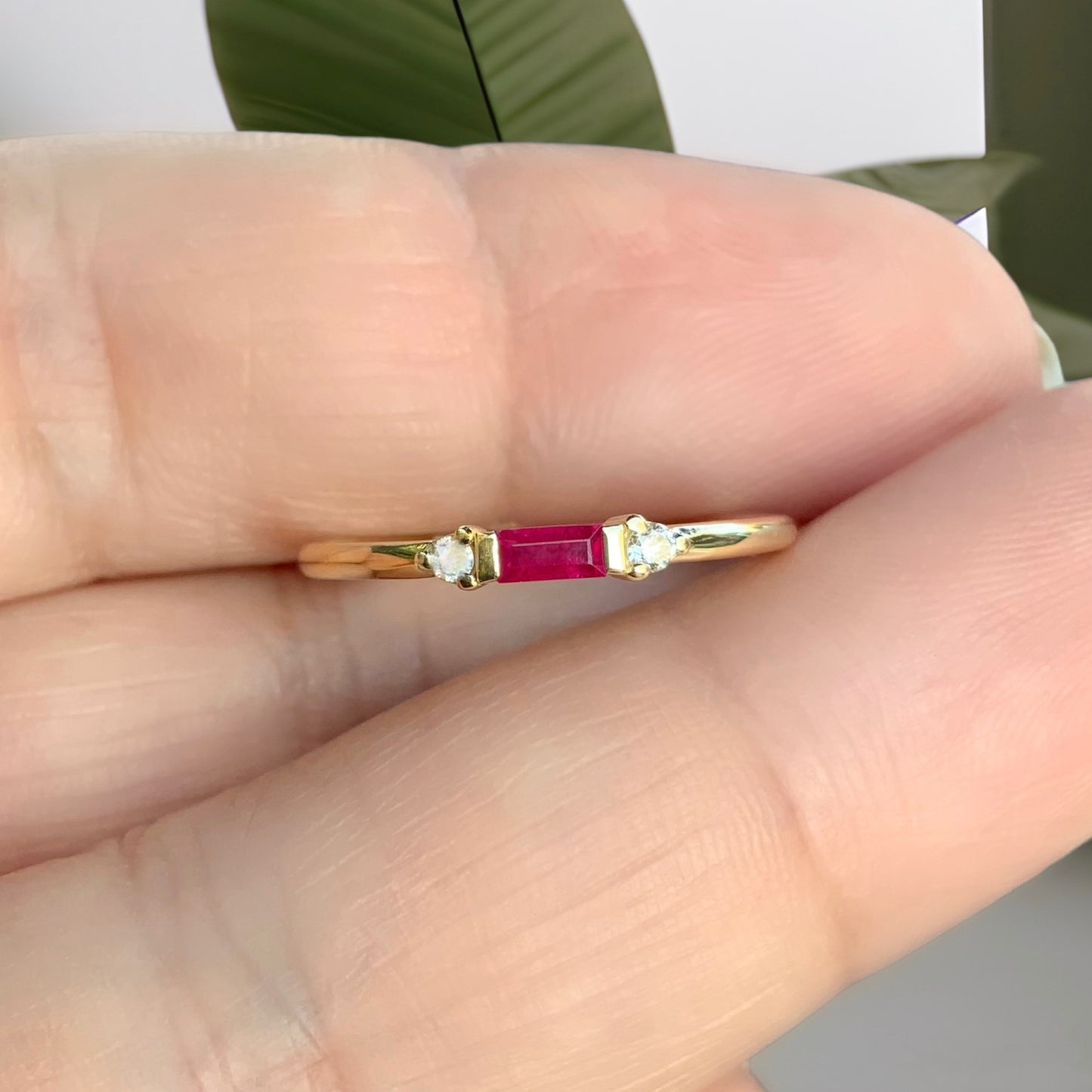 Dainty Baguette Ruby 3 Stone Ring/ Horizontal Baguette Ruby with 2 Round Diamonds/ Mother's Ring/ July Birthstone Minimalist Stacking Ring/ Simple Promise Ring