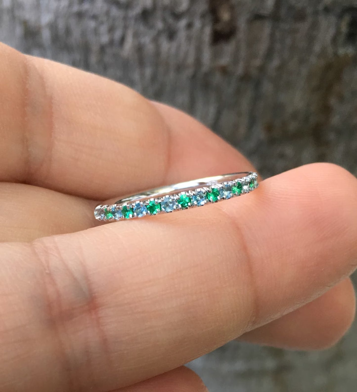 Emerald Aquamarine 2mm Band/ Alternating Aquamarine Emerald Pave Half Eternity Ring/ March & May 2 Birthstone Stacking Ring