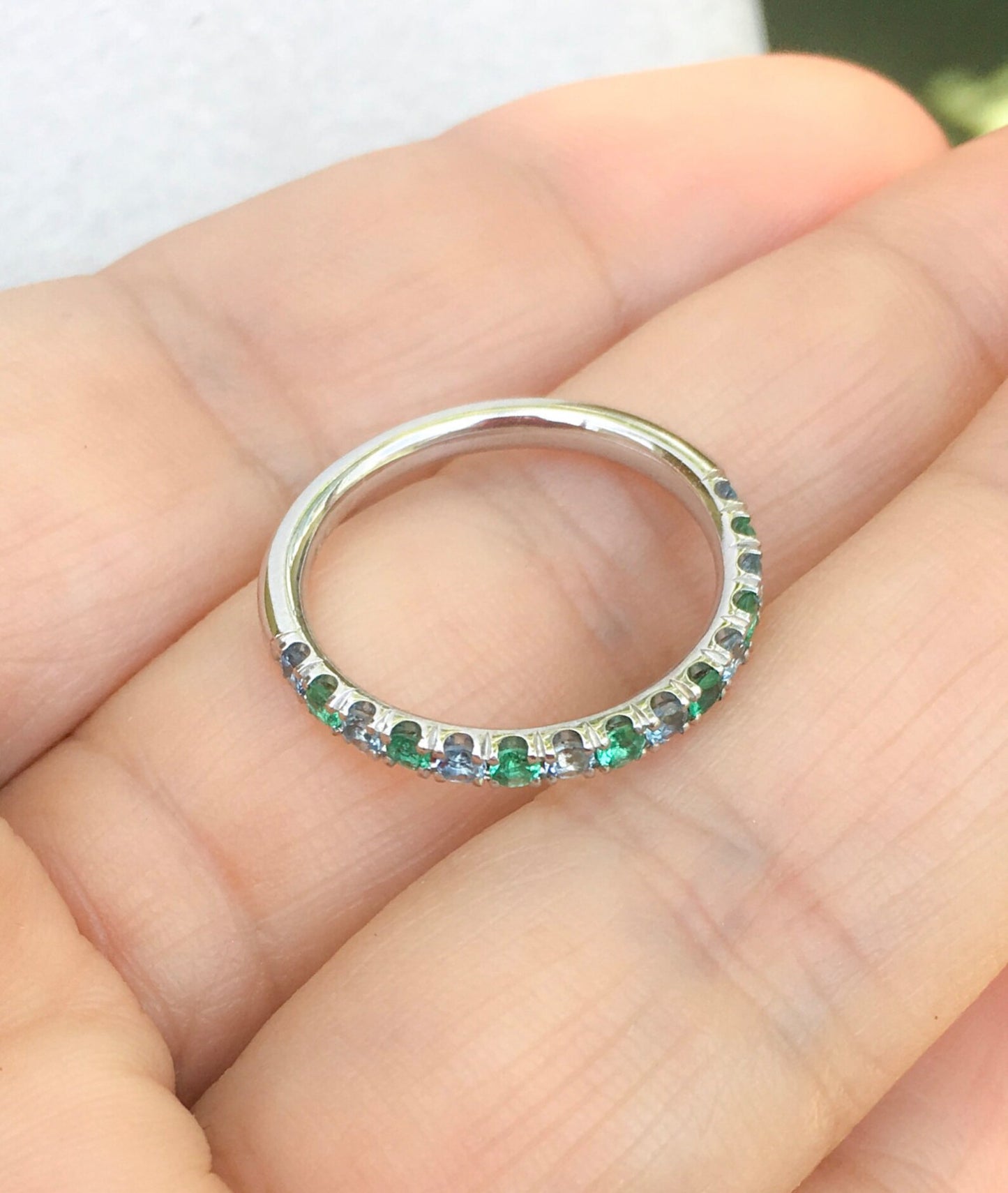 Emerald Aquamarine 2mm Band/ Alternating Aquamarine Emerald Pave Half Eternity Ring/ March & May 2 Birthstone Stacking Ring