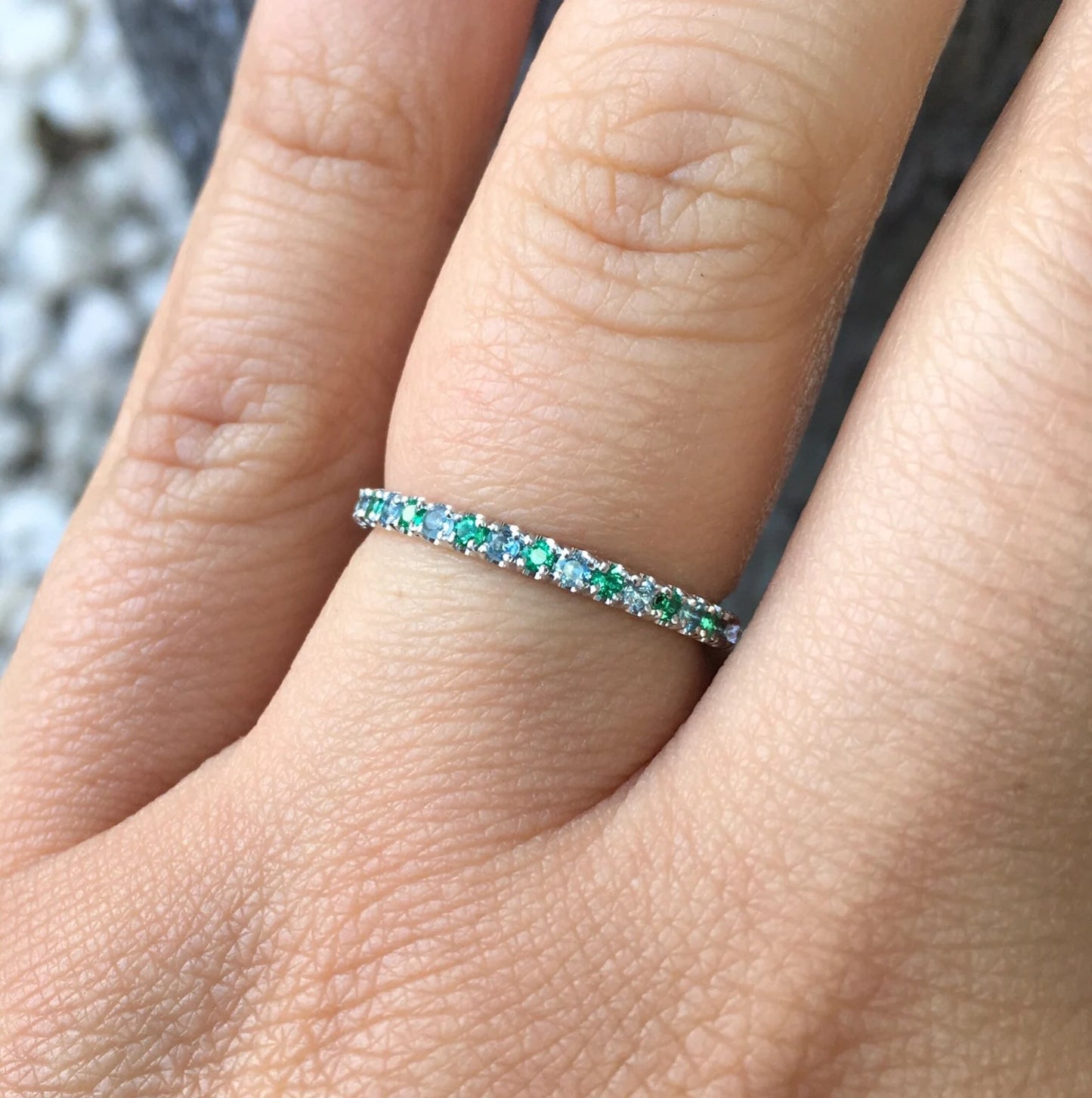 Emerald Aquamarine 2mm Band/ Alternating Aquamarine Emerald Pave Half Eternity Ring/ March & May 2 Birthstone Stacking Ring