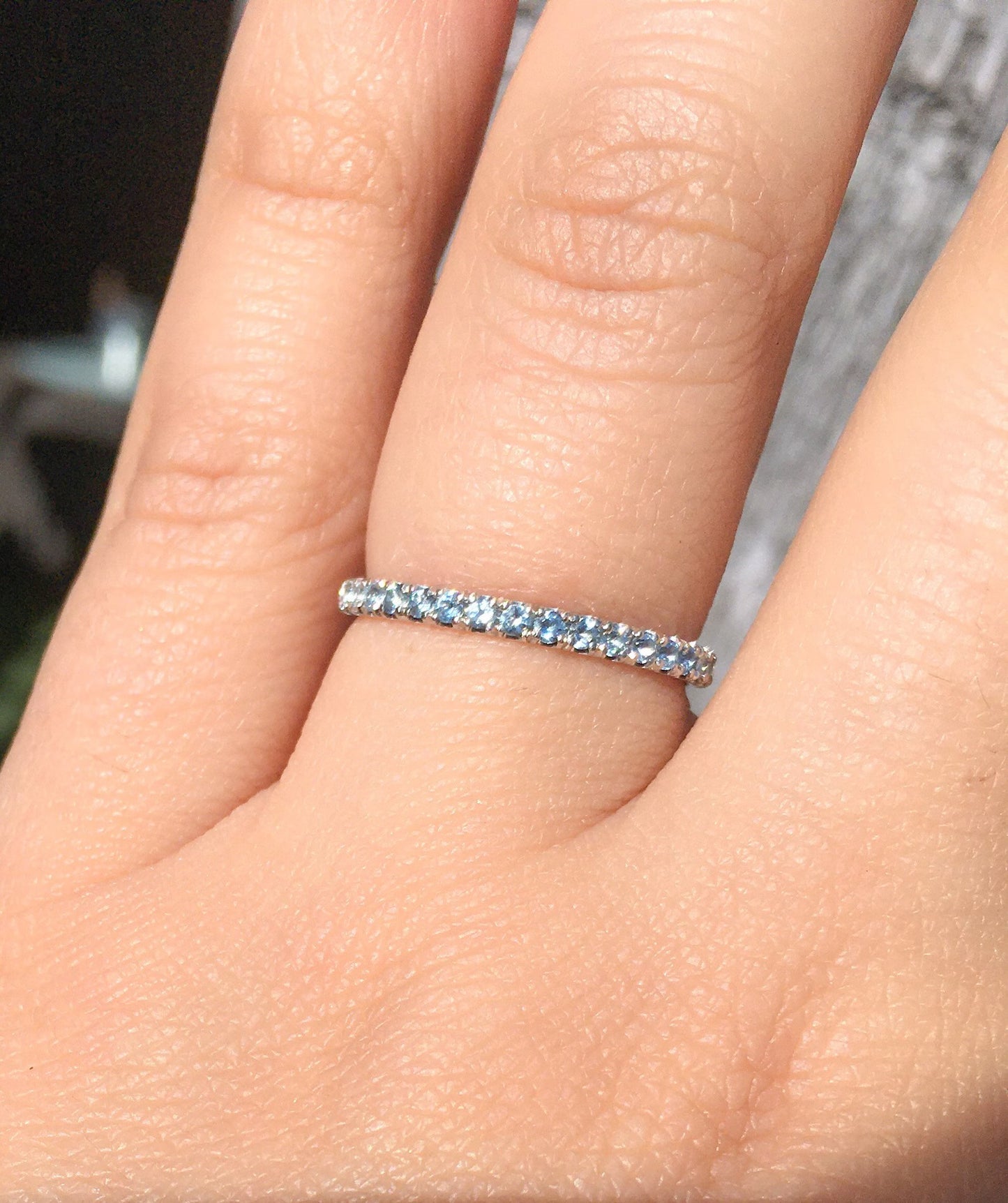 Aquamarine Half Eternity Ring/ Pave 1.8mm Aquamarine Infinity Ring/ Aquamarine Band/ Light Blue Wedding Band/ March Birthstone Stack Ring