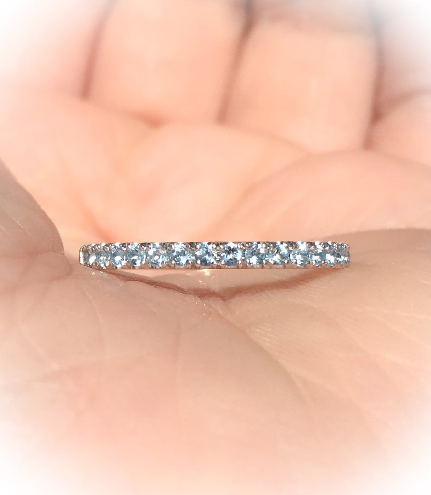 Aquamarine Half Eternity Ring/ Pave 1.8mm Aquamarine Infinity Ring/ Aquamarine Band/ Light Blue Wedding Band/ March Birthstone Stack Ring