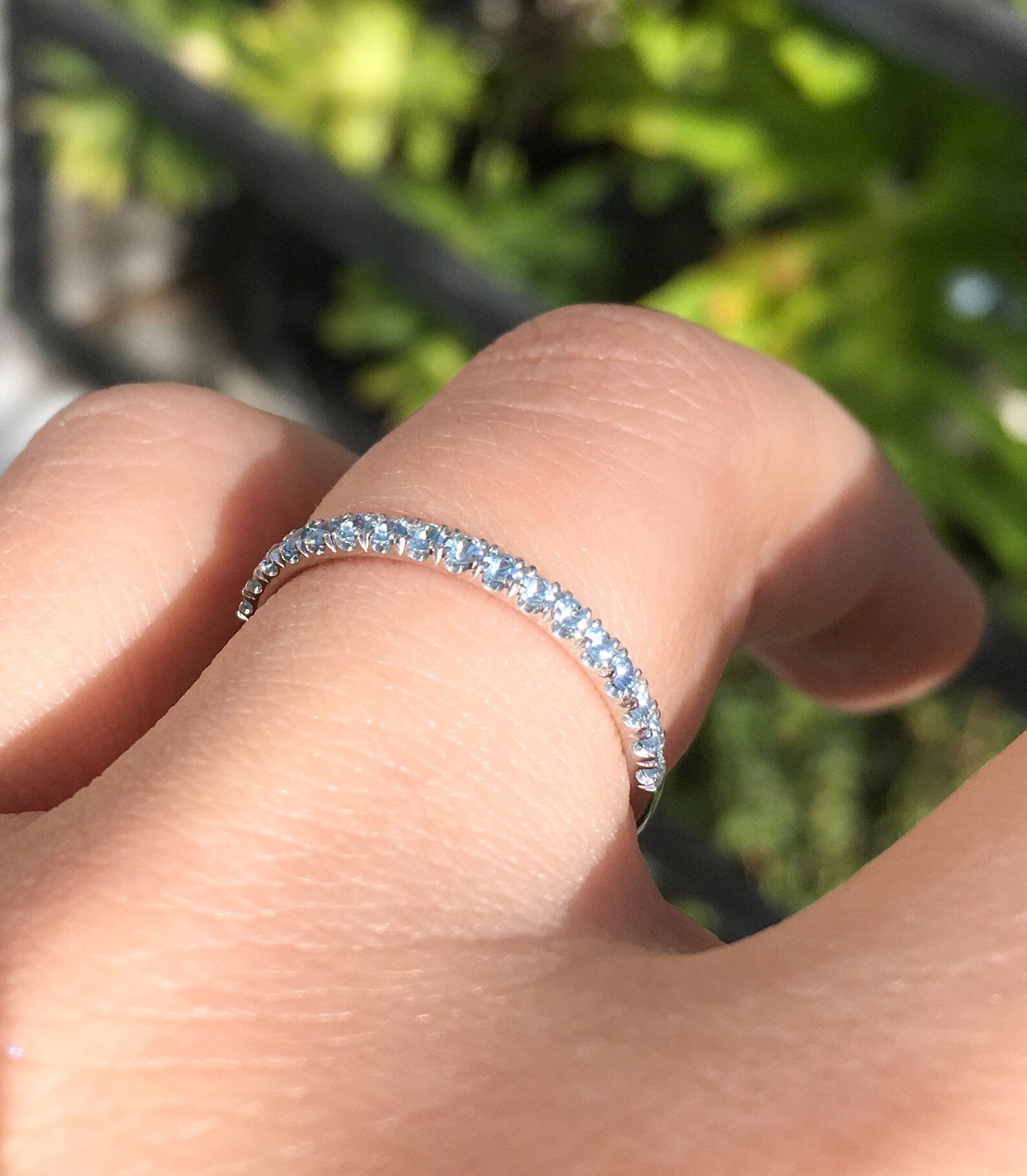 Aquamarine Half Eternity Ring/ Pave 1.8mm Aquamarine Infinity Ring/ Aquamarine Band/ Light Blue Wedding Band/ March Birthstone Stack Ring