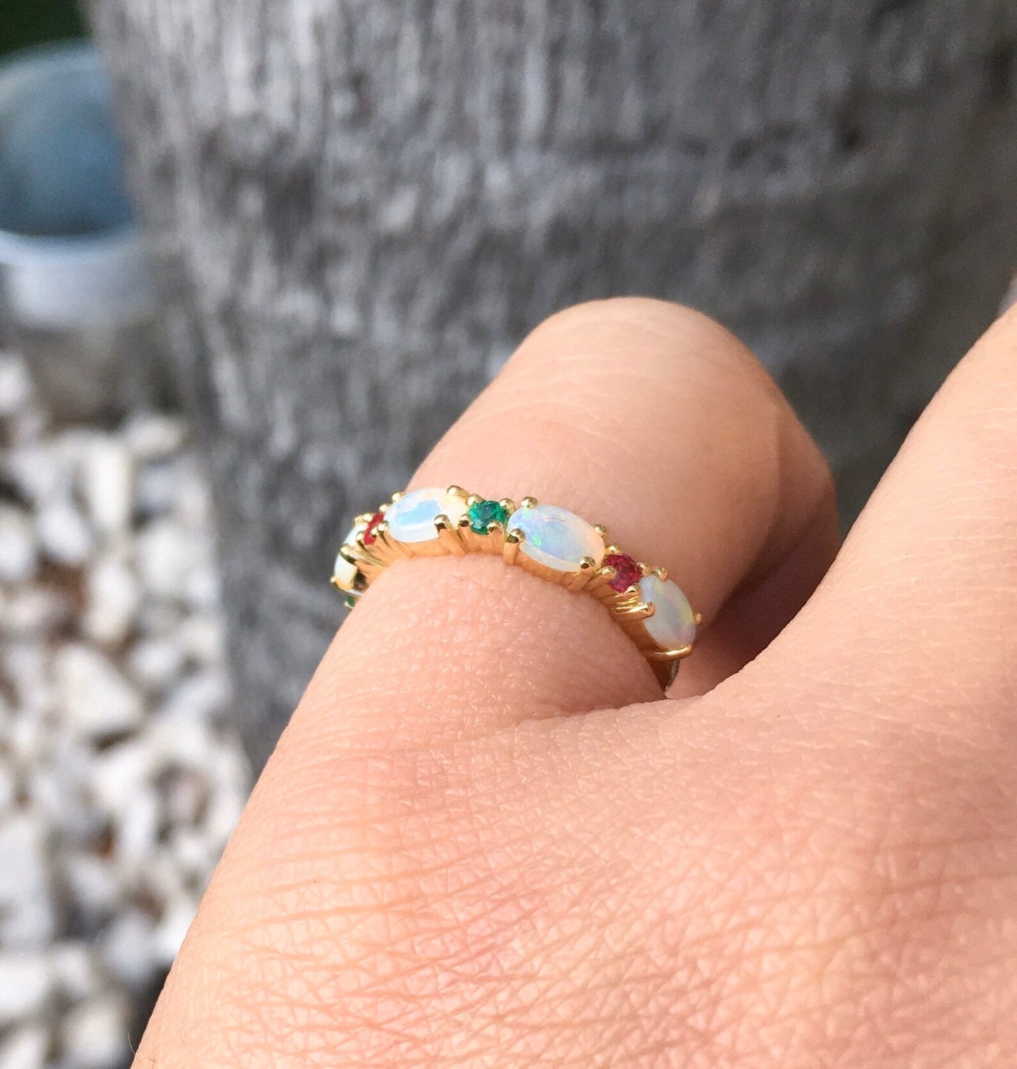 Oval Opal Ring with Emeralds and Rubies/ Alternating Opal Birthstone Stacking Ring/ Unique Opal Wedding Anniversary Ring/ Mothers Ring/ Holiday Fine Jewelry Gift