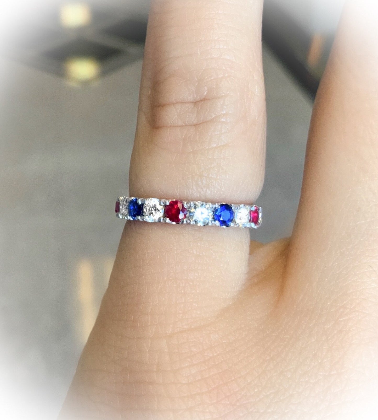 Reserved for Shawn ONLY/ Set of 3 Platinum Bands/ Two Plain 2mm Bands, One 3mm Pave Diamond, Blue Sapphire, Ruby Eternity Band