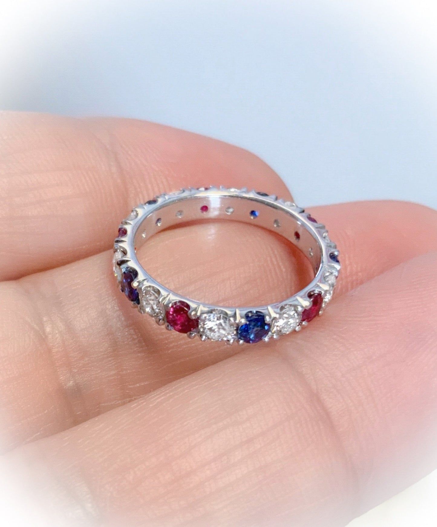 Reserved for Shawn ONLY/ Set of 3 Platinum Bands/ Two Plain 2mm Bands, One 3mm Pave Diamond, Blue Sapphire, Ruby Eternity Band