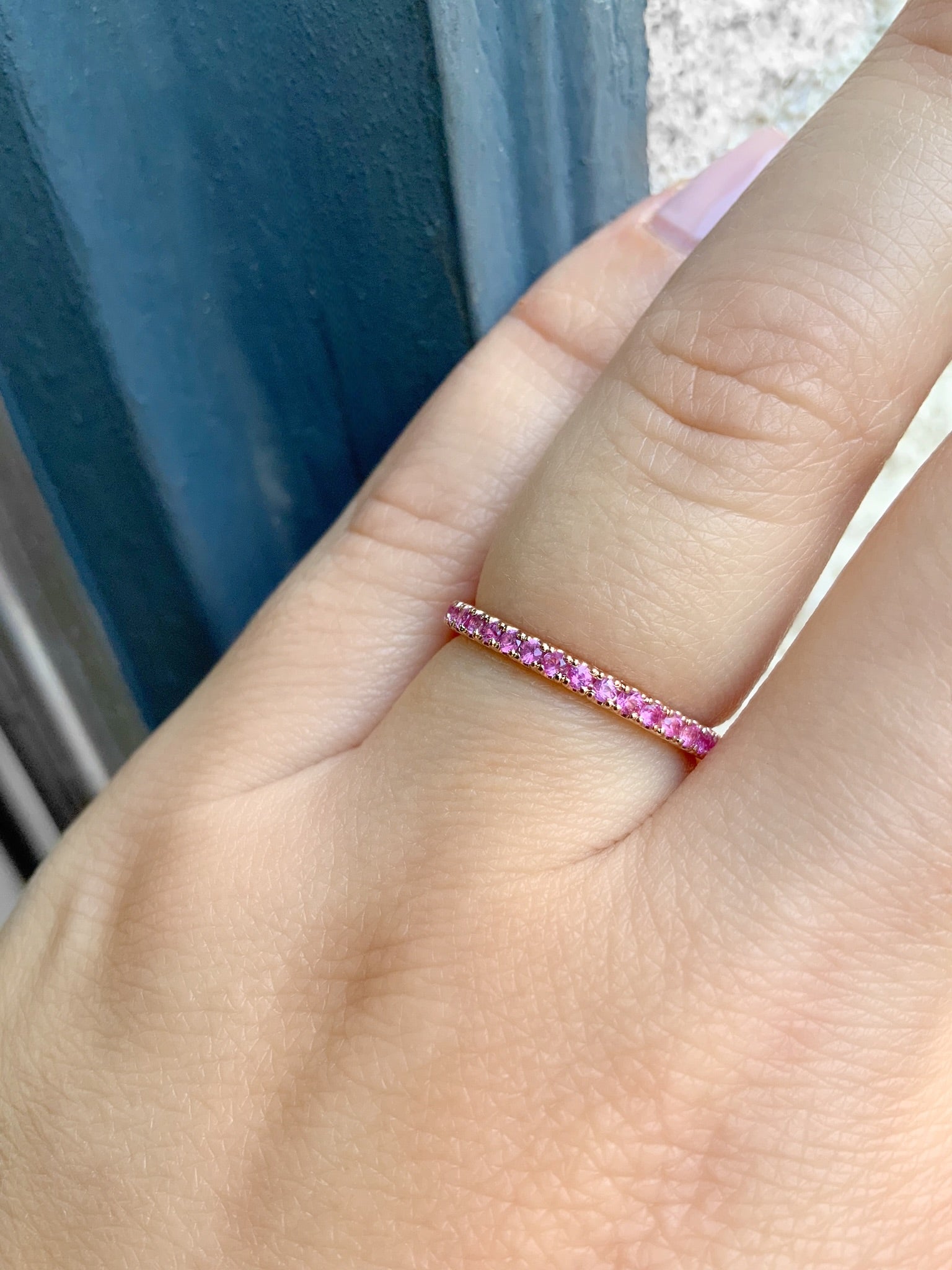 Micro Pave Real Sapphire Wedding band, 14k Rose retailer Gold Sapphire Stacking ring, pink sapphire eternity band, september birthstone, women gift