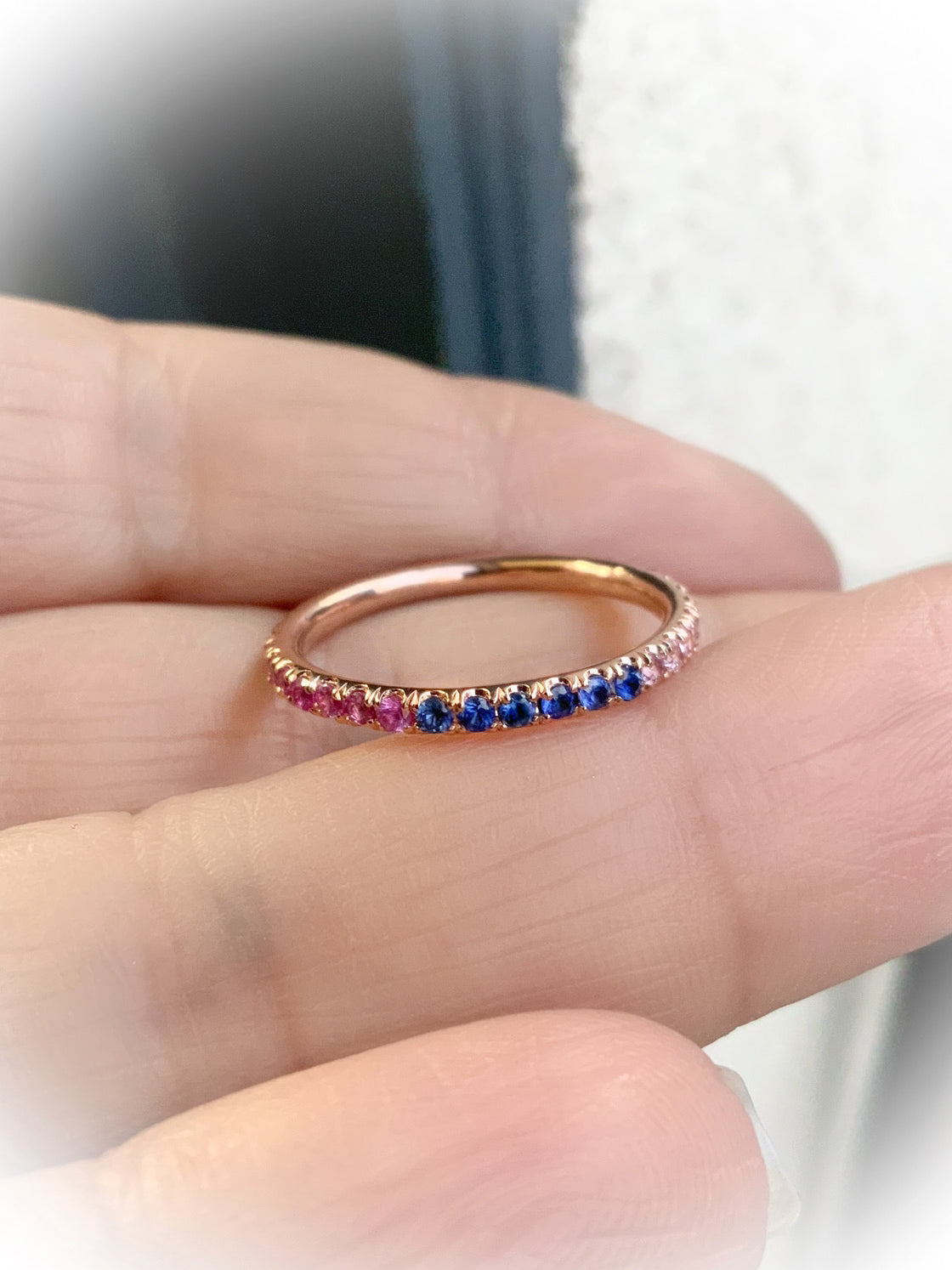 Blue Pink Sapphire Pave Band/ 2mm Full Eternity Ombré Pink Sapphire & Blue Sapphire Stacking Ring/ Mix Color Sapphire Band/ Gold or Platinum