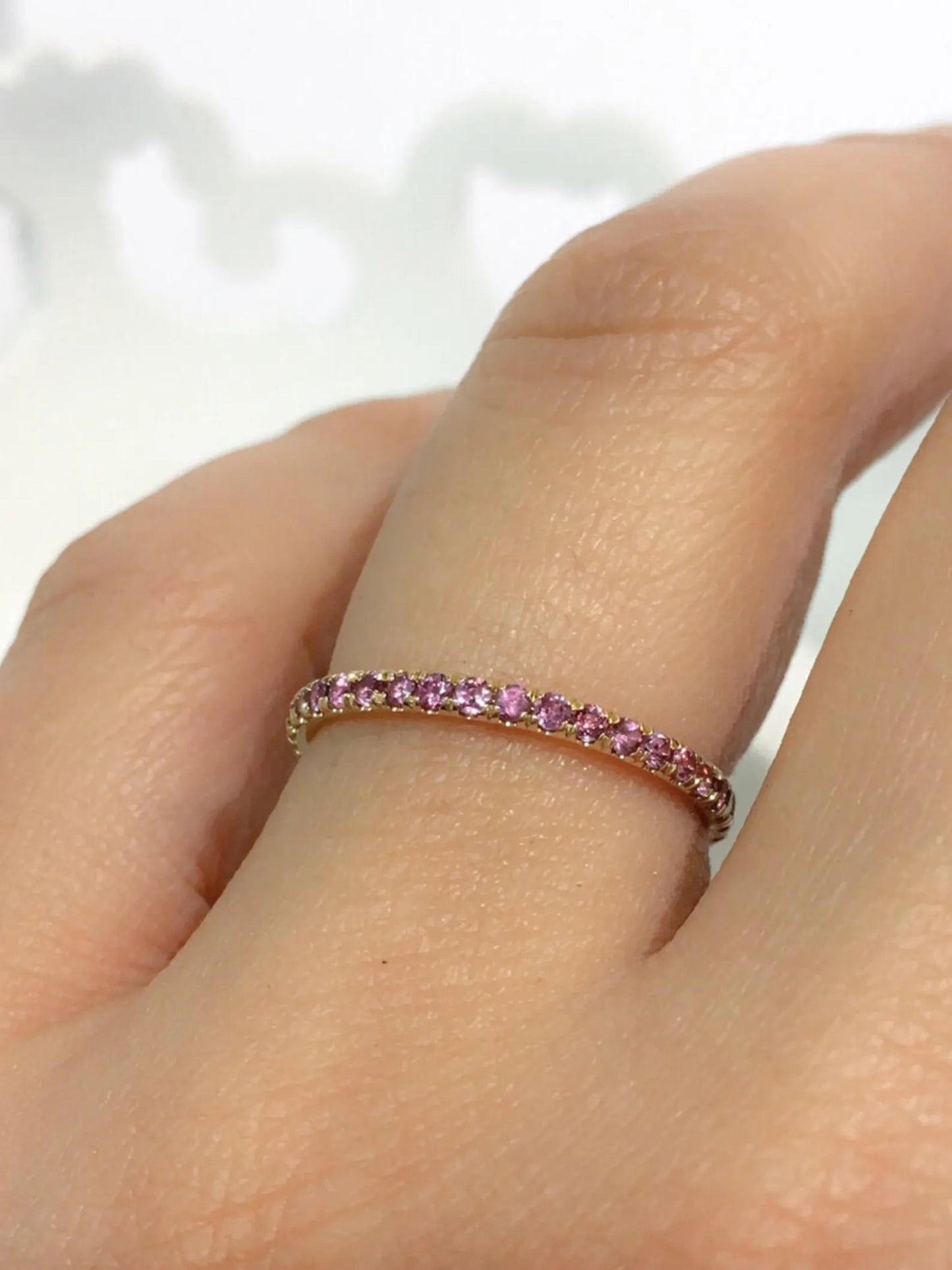 Pink Tourmaline Pave Band/ 2mm 3/4 Eternity Tourmaline Stacking Ring/ October Birthstone Push Present Ring