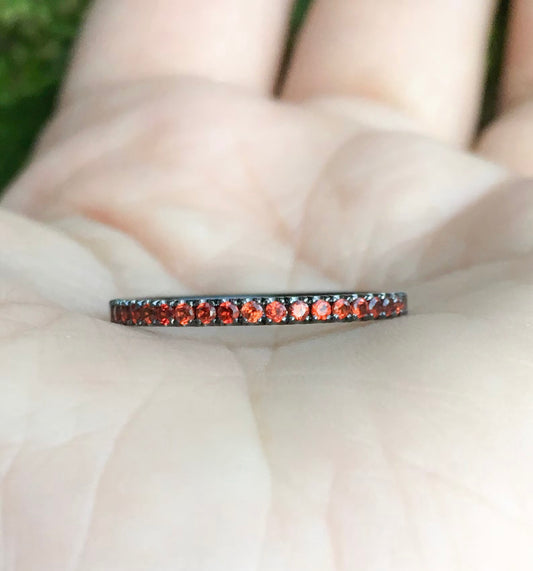 Orange Garnet Pave Band/ 1.5mm Half Eternity Spessartite Garnet Stacking Ring/ January Birthstone Ring/ 14K 18K White Yellow or Black Gold