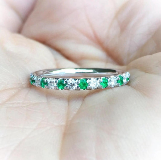 Alternating Emerald and Diamond Eternity Band/ 2mm Ring Diamond & Emerald/ Half Eternity Ring/ Diamond Wedding Band/ Anniversary Stack Band