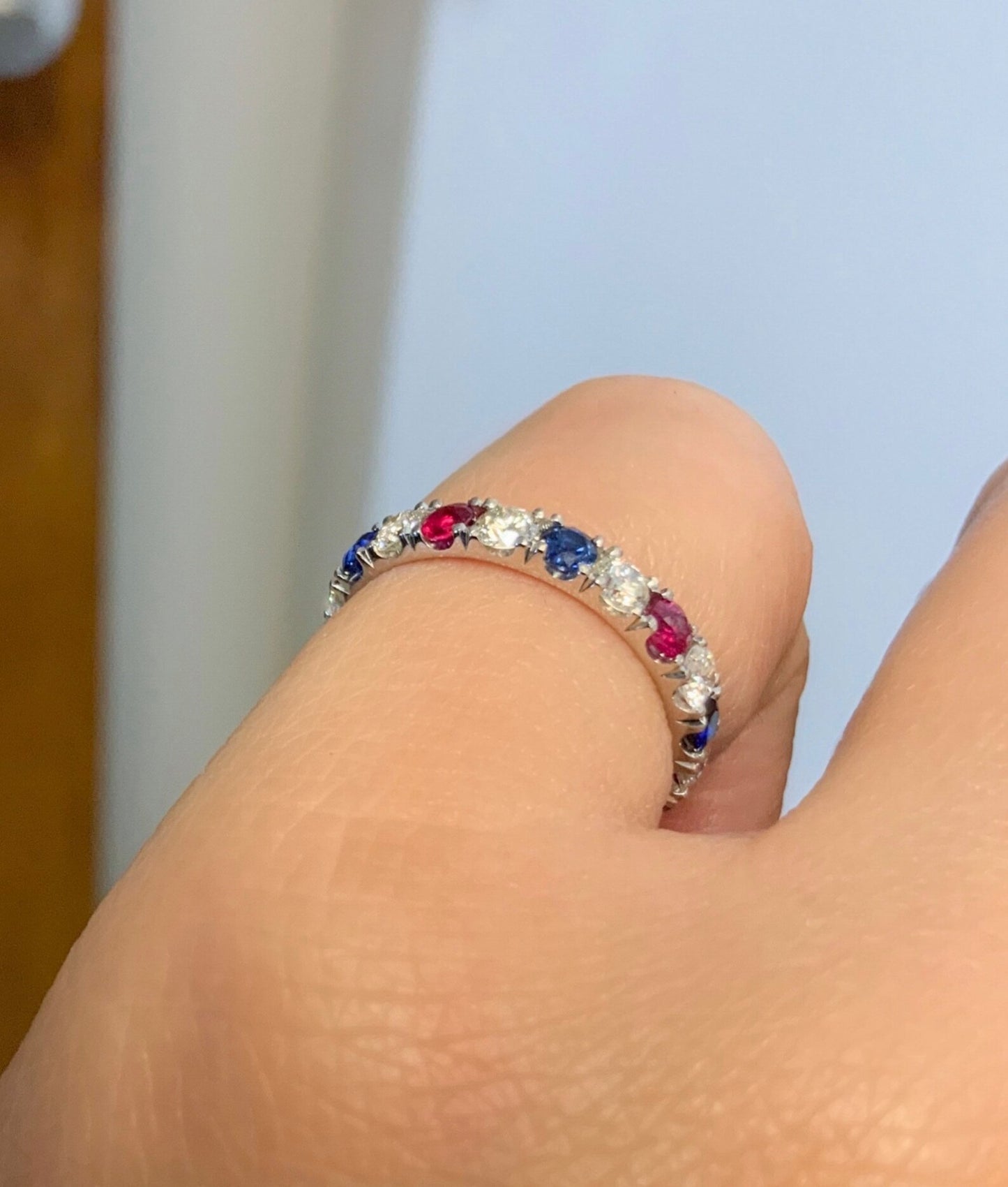 Reserved for Shawn ONLY/ Set of 3 Platinum Bands/ Two Plain 2mm Bands, One 3mm Pave Diamond, Blue Sapphire, Ruby Eternity Band