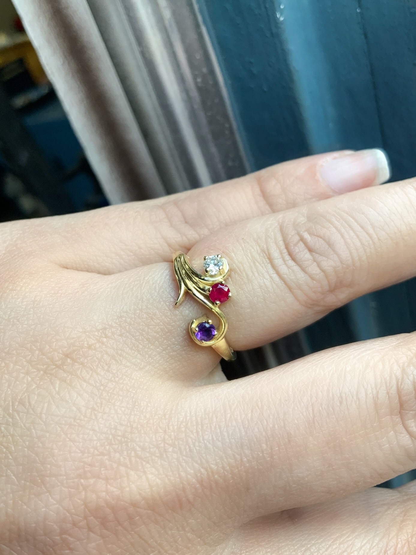 3 Stone Mother's Ring/ Tree Leaf Nature Inspired Floral Design/ Personalized Family Birthstone Twig Ring/ Diamond Ruby Amethyst Branch Ring