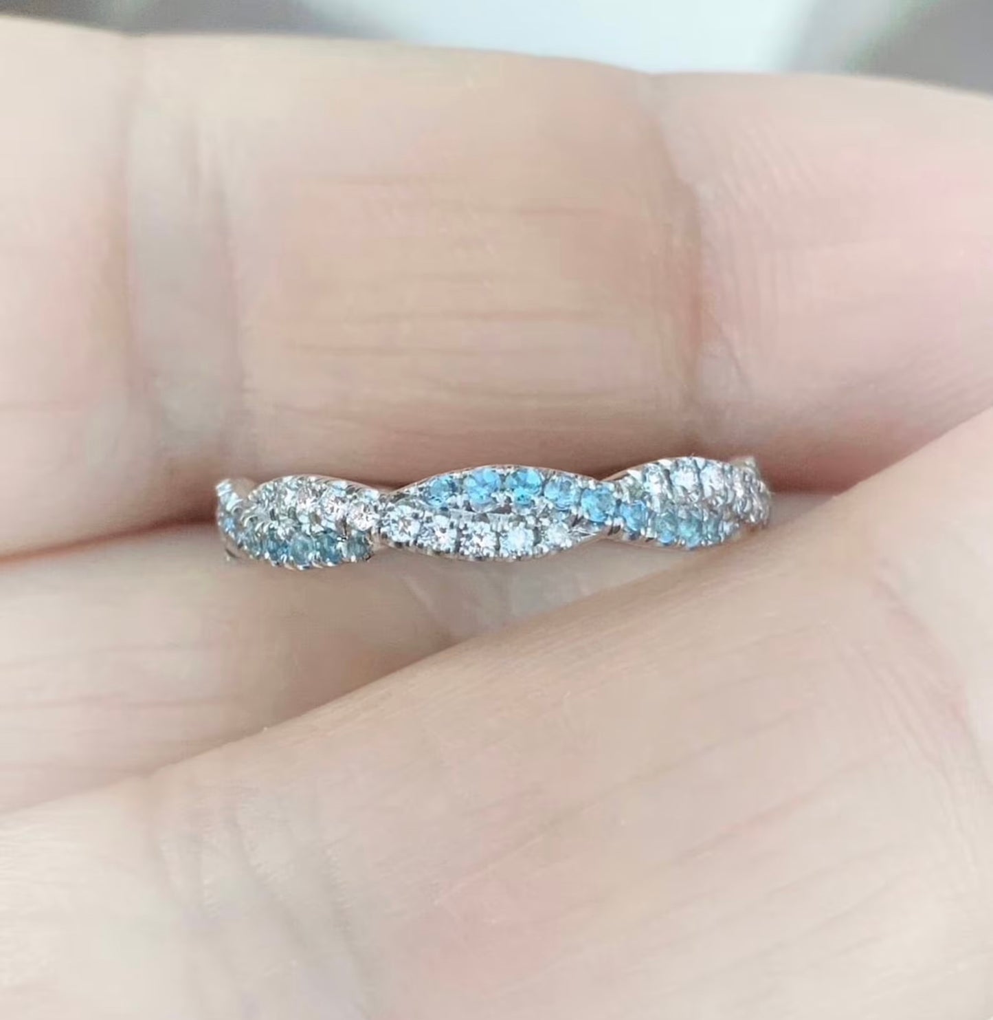 RESERVED FOR ROBERT/ Two Half Eternity Twisted Pave Bands with Aquamarines and Lab Grown Diamonds
