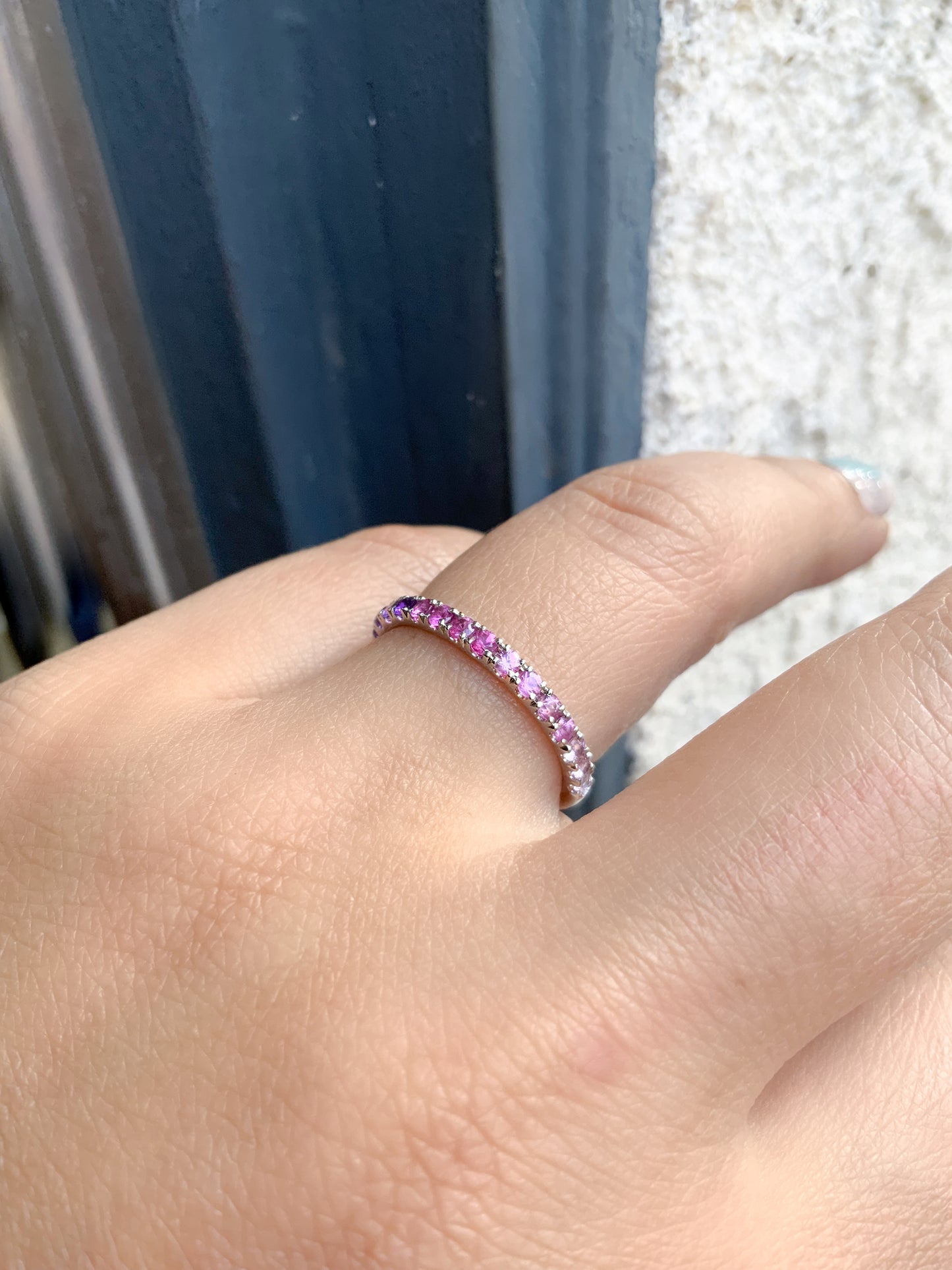 Purple Pink Ombre Ring/ Gradient Pink Sapphire Amethyst Pave Stacking Ring/ 2.3mm Half Eternity Unique Wedding Band/ 10K 14K 18K or Platinum
