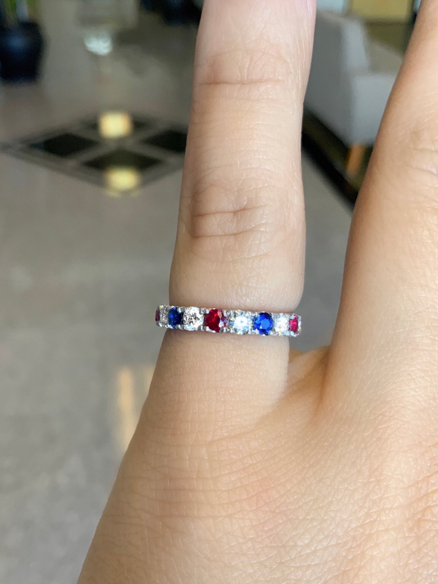 Reserved for Shawn ONLY/ Set of 3 Platinum Bands/ Two Plain 2mm Bands, One 3mm Pave Diamond, Blue Sapphire, Ruby Eternity Band