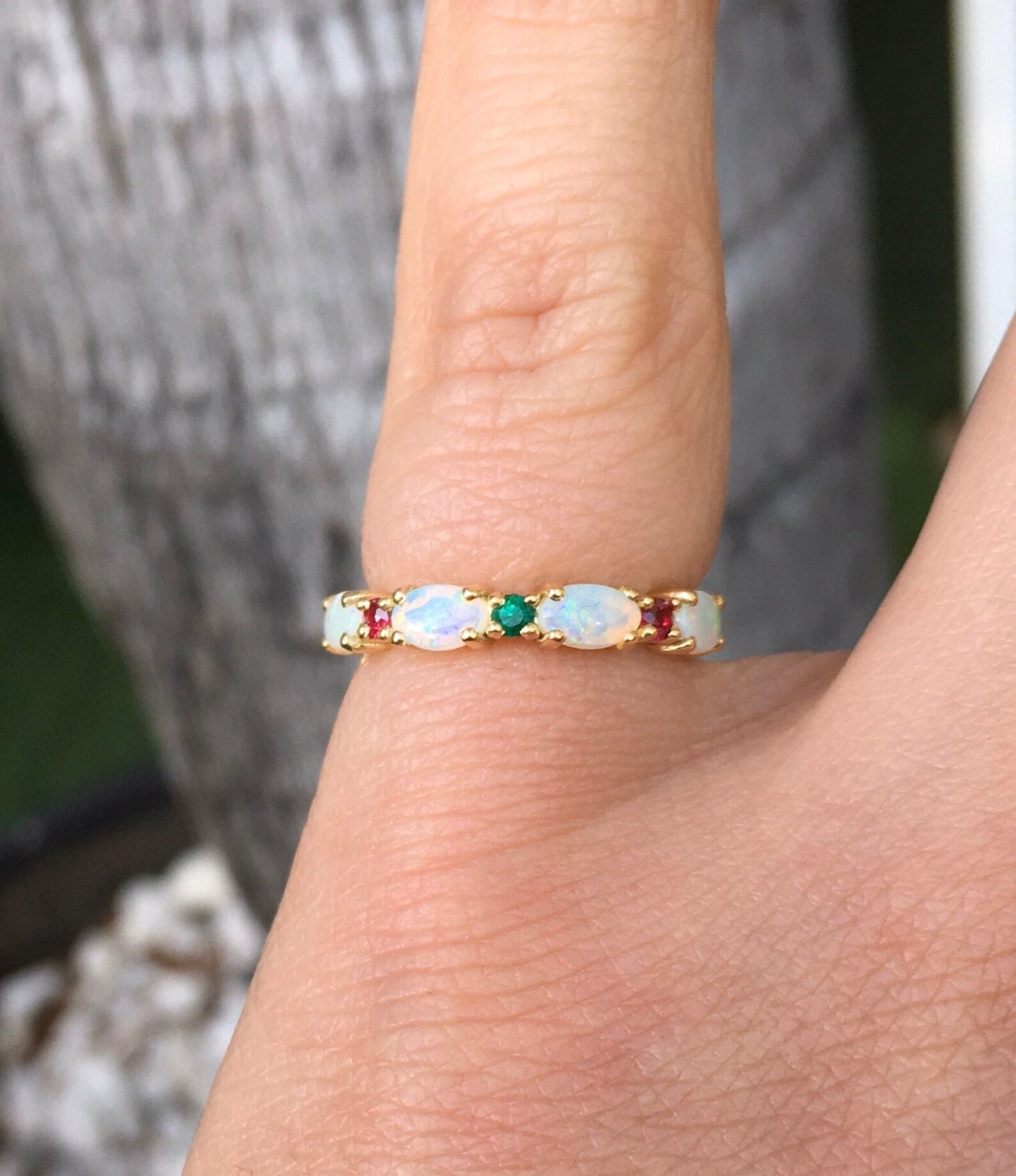 Oval Opal Ring with Emeralds and Rubies/ Alternating Opal Birthstone Stacking Ring/ Unique Opal Wedding Anniversary Ring/ Mothers Ring/ Holiday Fine Jewelry Gift