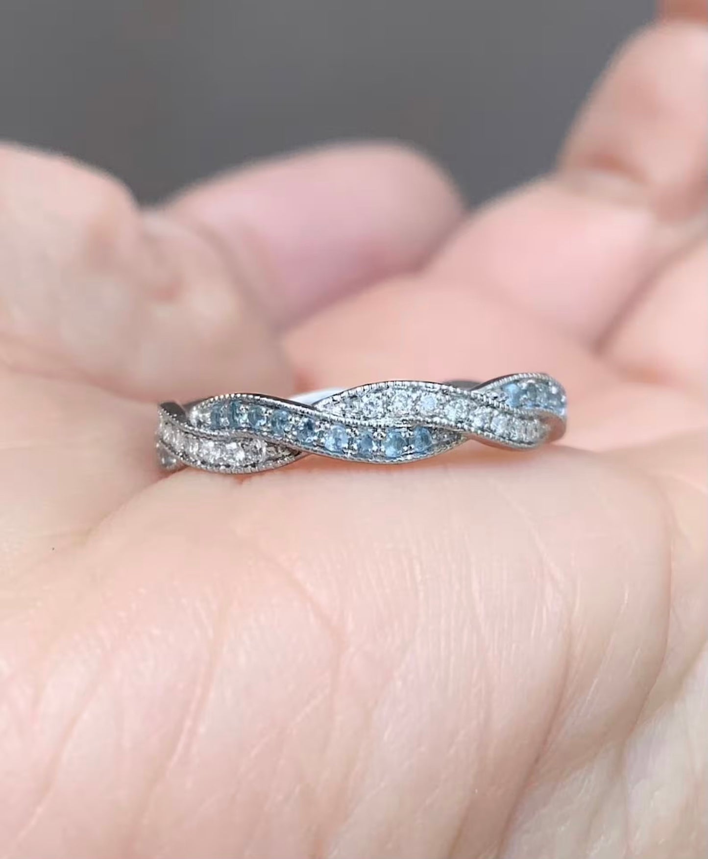 Twisted Diamond Aquamarine Ring/ 3.6mm Milgrain Pave Full Eternity Twist Ring/ Diamond Aquamarine Intertwined Wedding Band/ Gold or Platinum