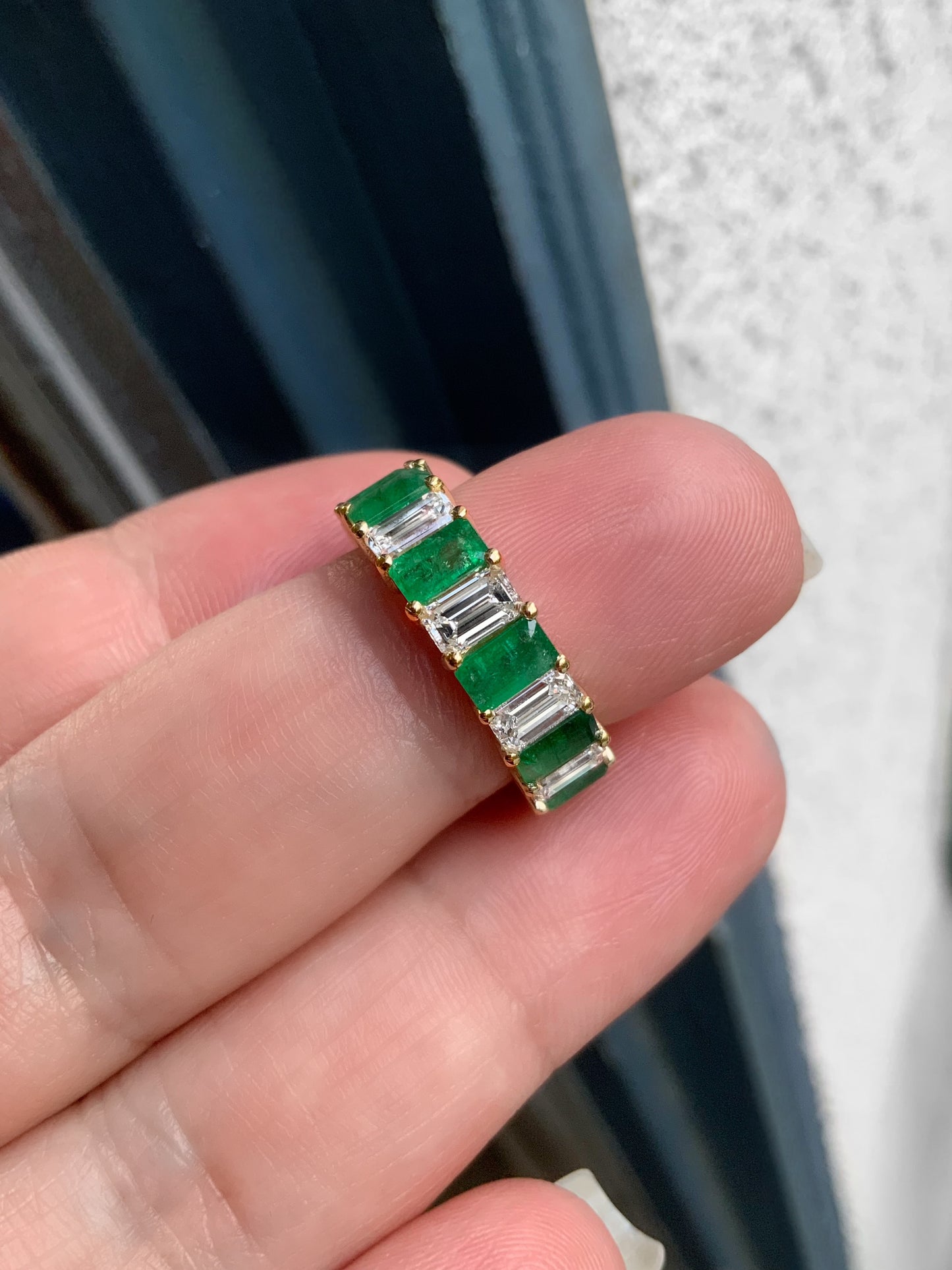 Emerald Cut Emerald Diamond Eternity Ring/ Prong Set Alternating Diamond Emerald Wedding Anniversary Ring w Appraisal/ 10K 14K 18K, Platinum