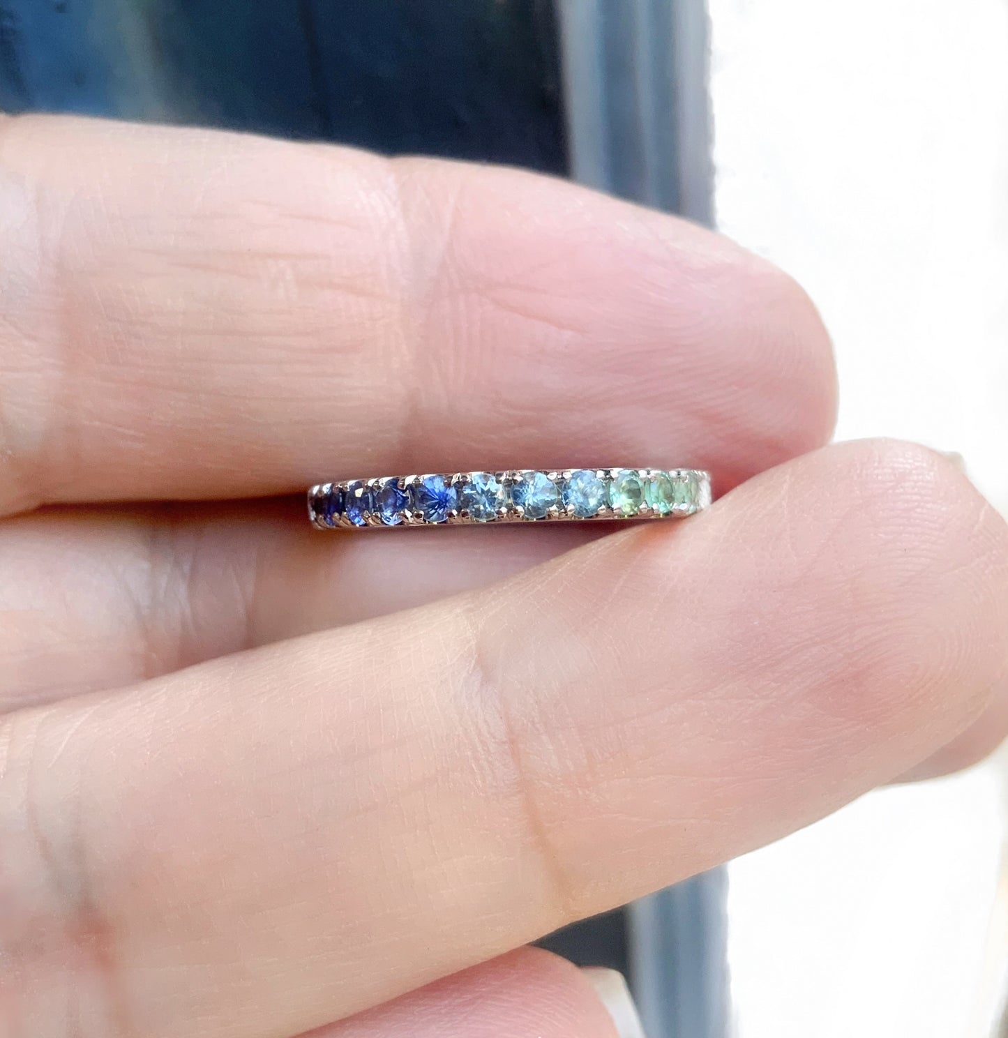 Gradient Blue Green Pave Ring/ Coastal Ombre Beach Wedding Band/ 2.3mm Half Eternity/ Mermaid Colors Diamond Alexandrite Aquamarine Sapphire