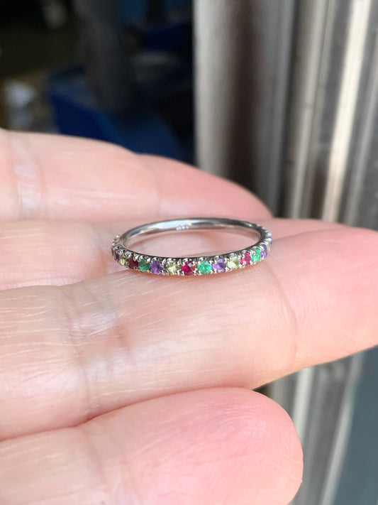 Emerald Ruby Peridot Amethyst Band/ 2mm Alternating Pave Full Eternity Stacking Ring/ 4 Birthstone Mother's Ring/ May July August February