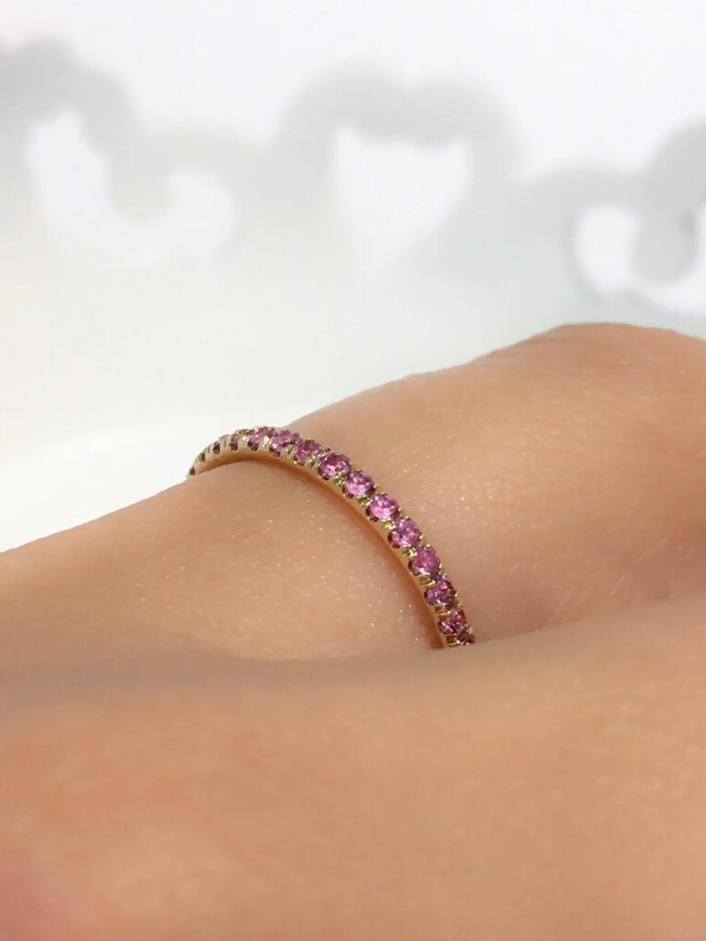 Pink Tourmaline Pave Band/ 2mm 3/4 Eternity Tourmaline Stacking Ring/ October Birthstone Push Present Ring