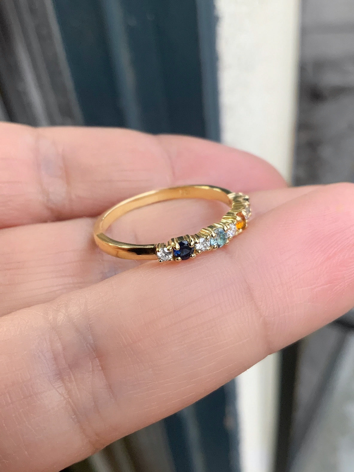 Mother's Ring/ 4 Stone Personalized Family Birthstone Ring w Diamonds/ Multi Stone Ring: London Blue Topaz Citrine Aquamarine Blue Sapphire