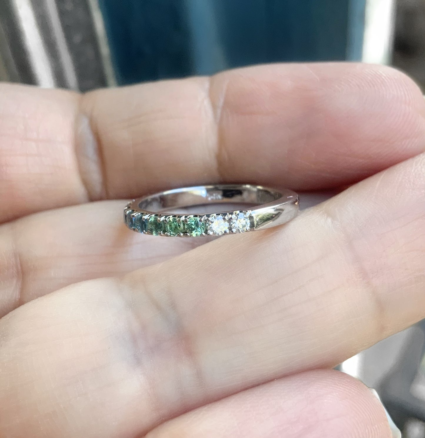 Gradient Blue Green Pave Ring/ Coastal Ombre Beach Wedding Band/ 2.3mm Half Eternity/ Mermaid Colors Diamond Alexandrite Aquamarine Sapphire