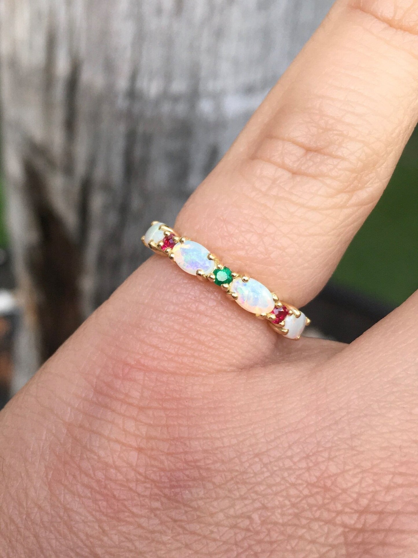 Oval Opal Ring with Emeralds and Rubies/ Alternating Opal Birthstone Stacking Ring/ Unique Opal Wedding Anniversary Ring/ Mothers Ring/ Holiday Fine Jewelry Gift