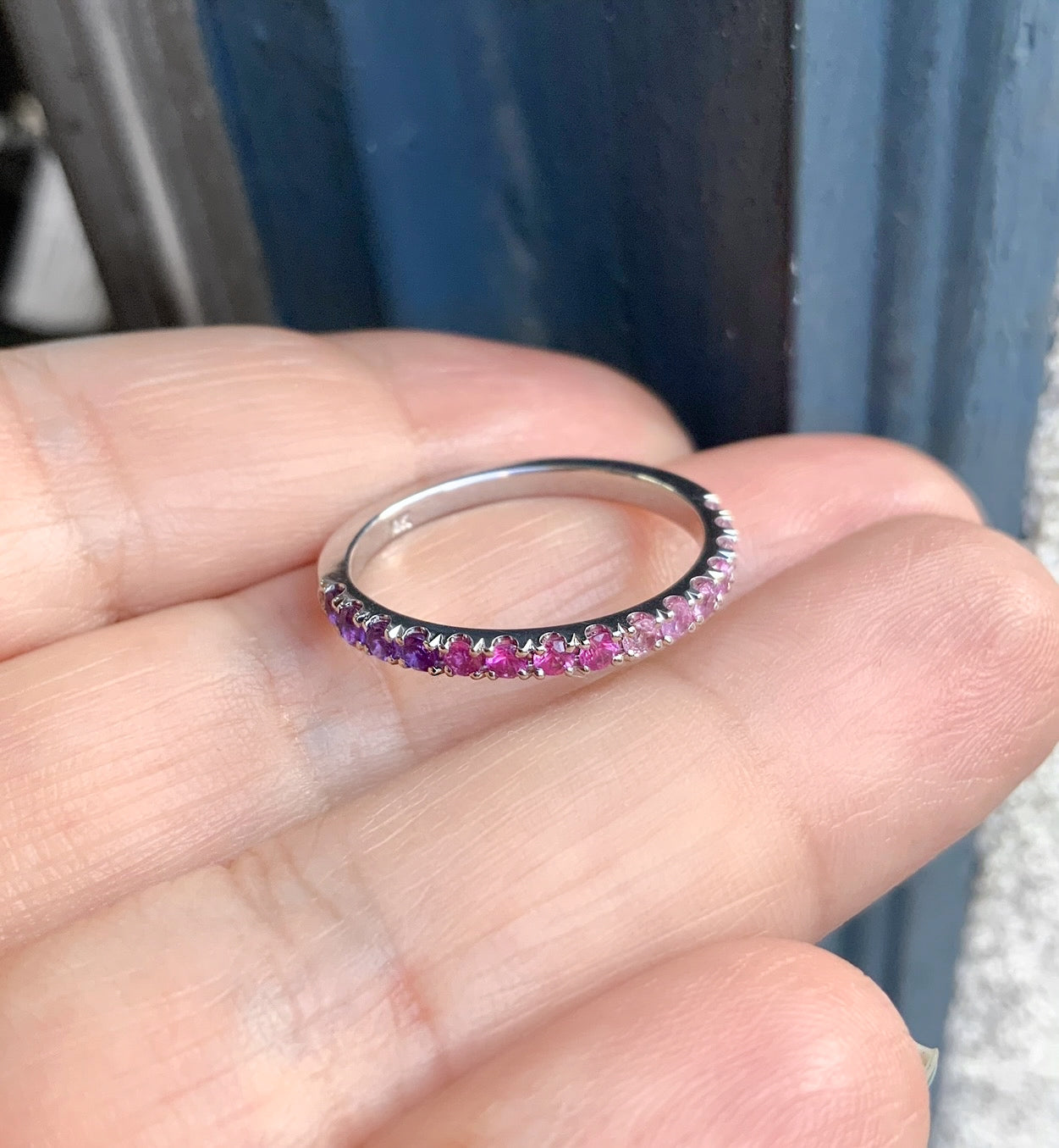 Purple Pink Ombre Ring/ Gradient Pink Sapphire Amethyst Pave Stacking Ring/ 2.3mm Half Eternity Unique Wedding Band/ 10K 14K 18K or Platinum