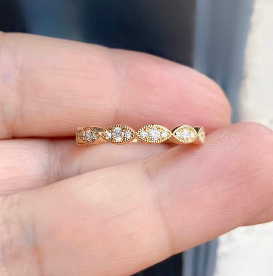 Diamond Milgrain Marquise Ring/ 3mm Half Eternity Wedding Band/ Marquise Shapes w 3 Natural Diamonds/ Unique Diamond Stacking/ Gold Platinum