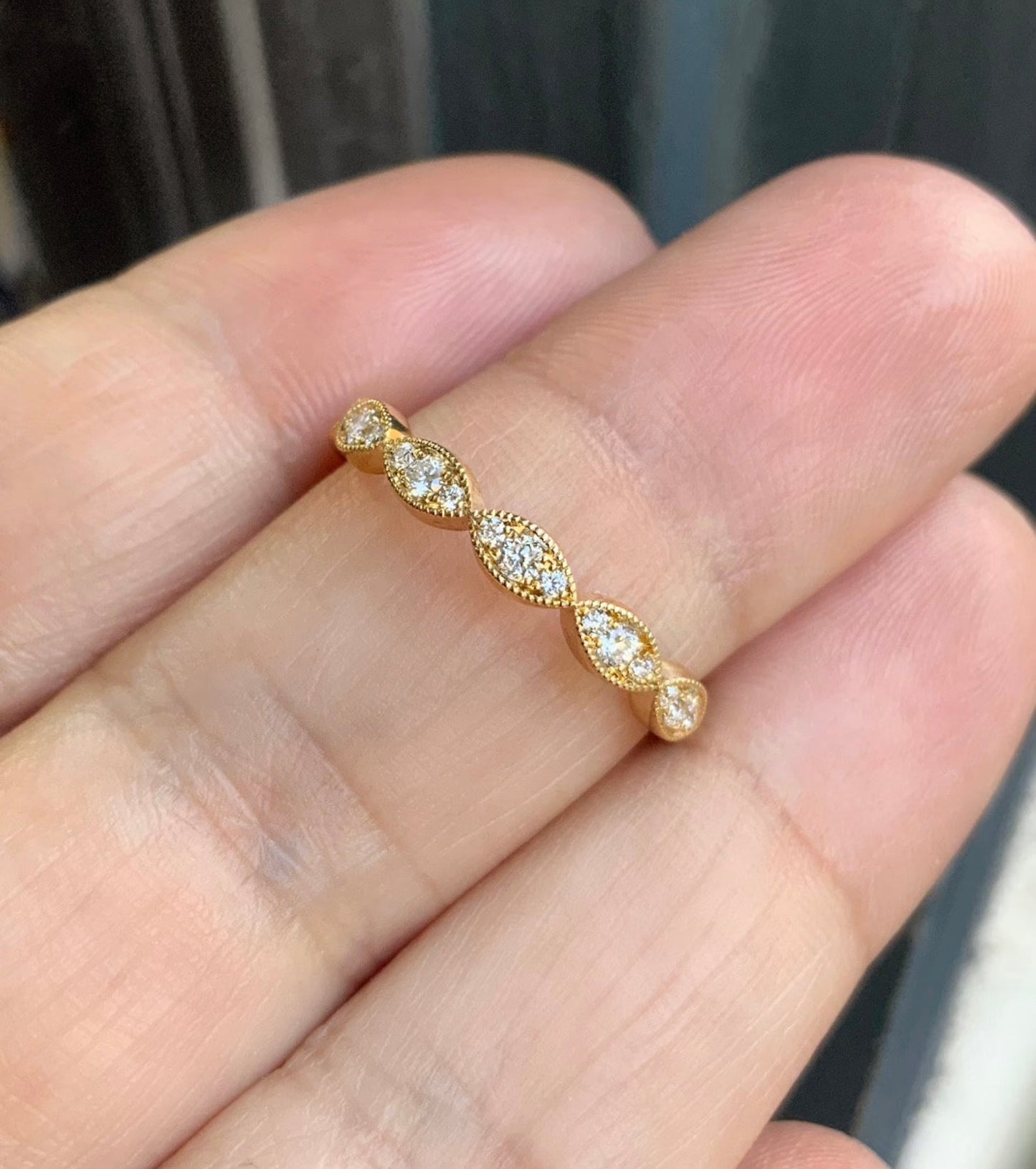 Diamond Milgrain Marquise Ring/ 3mm Half Eternity Wedding Band/ Marquise Shapes w 3 Natural Diamonds/ Unique Diamond Stacking/ Gold Platinum