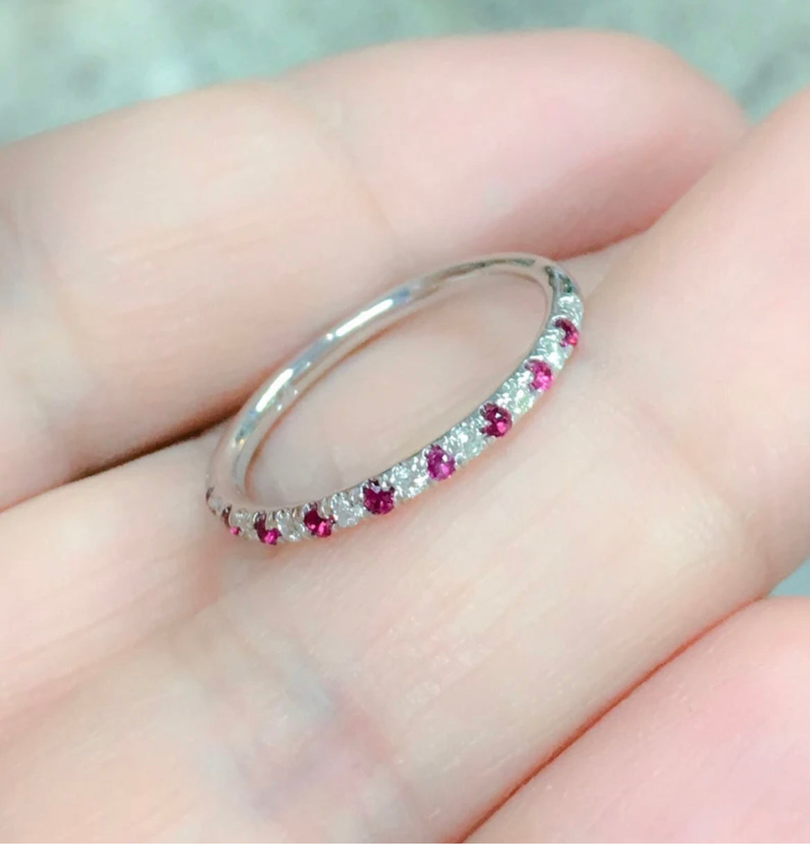 Alternating Ruby Diamond Band/ Platinum 1.5mm Pave Half Eternity Ring/ Diamond Ruby Wedding Guard Ring/ Anniversary Ring/ July April Birthstone Stack