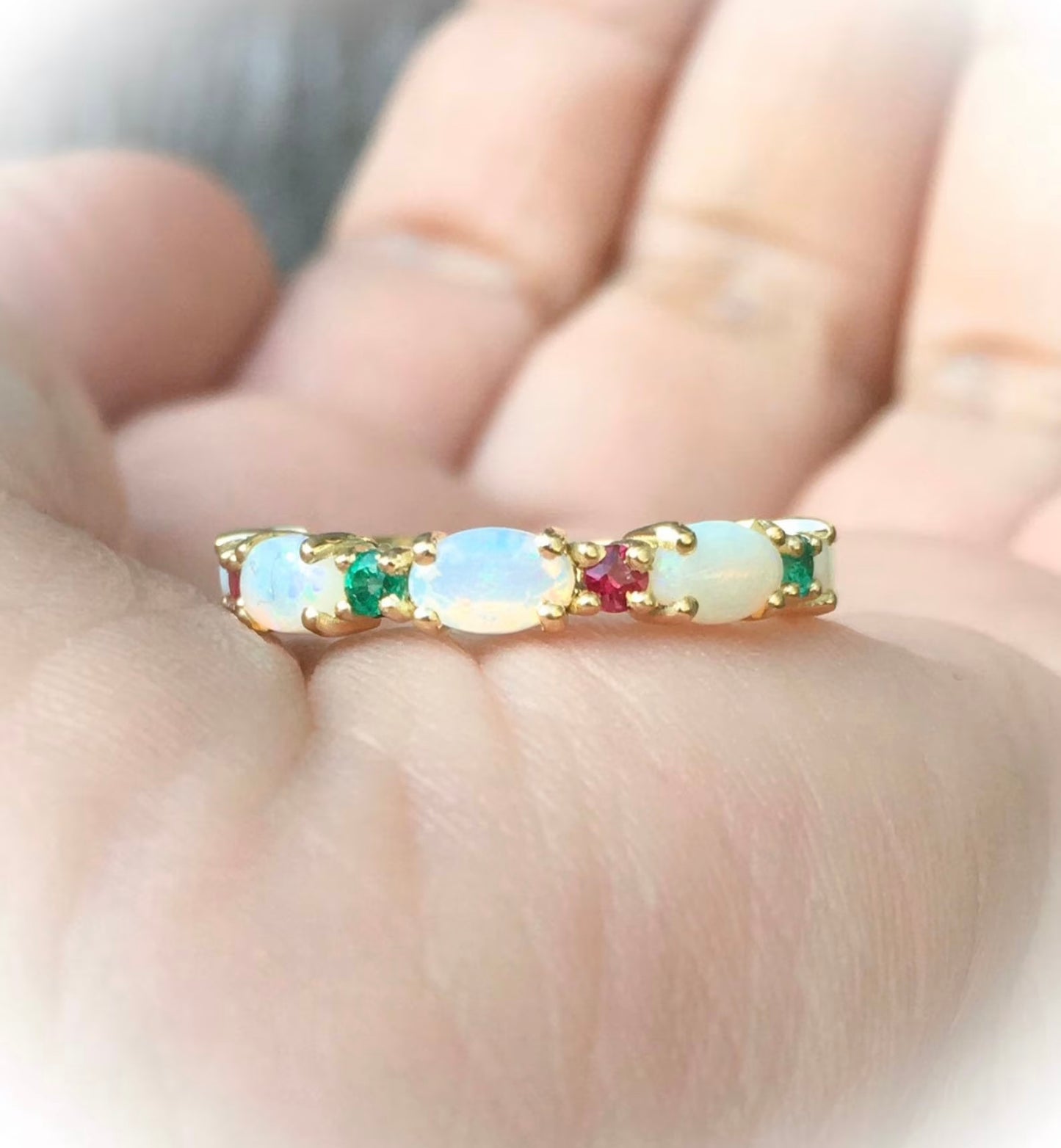 Oval Opal Ring with Emeralds and Rubies/ Alternating Opal Birthstone Stacking Ring/ Unique Opal Wedding Anniversary Ring/ Mothers Ring/ Holiday Fine Jewelry Gift