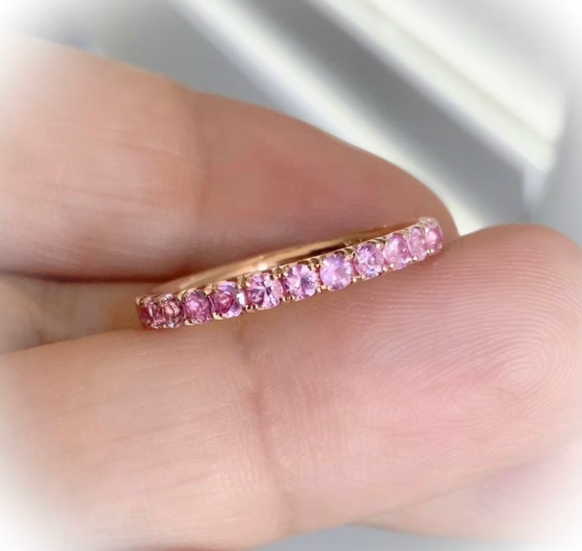 Reserved for Margaret/ 10K 2.7mm Half Eternity Pave Band with Dark & Medium Pink Sapphires and Yellow Sapphires